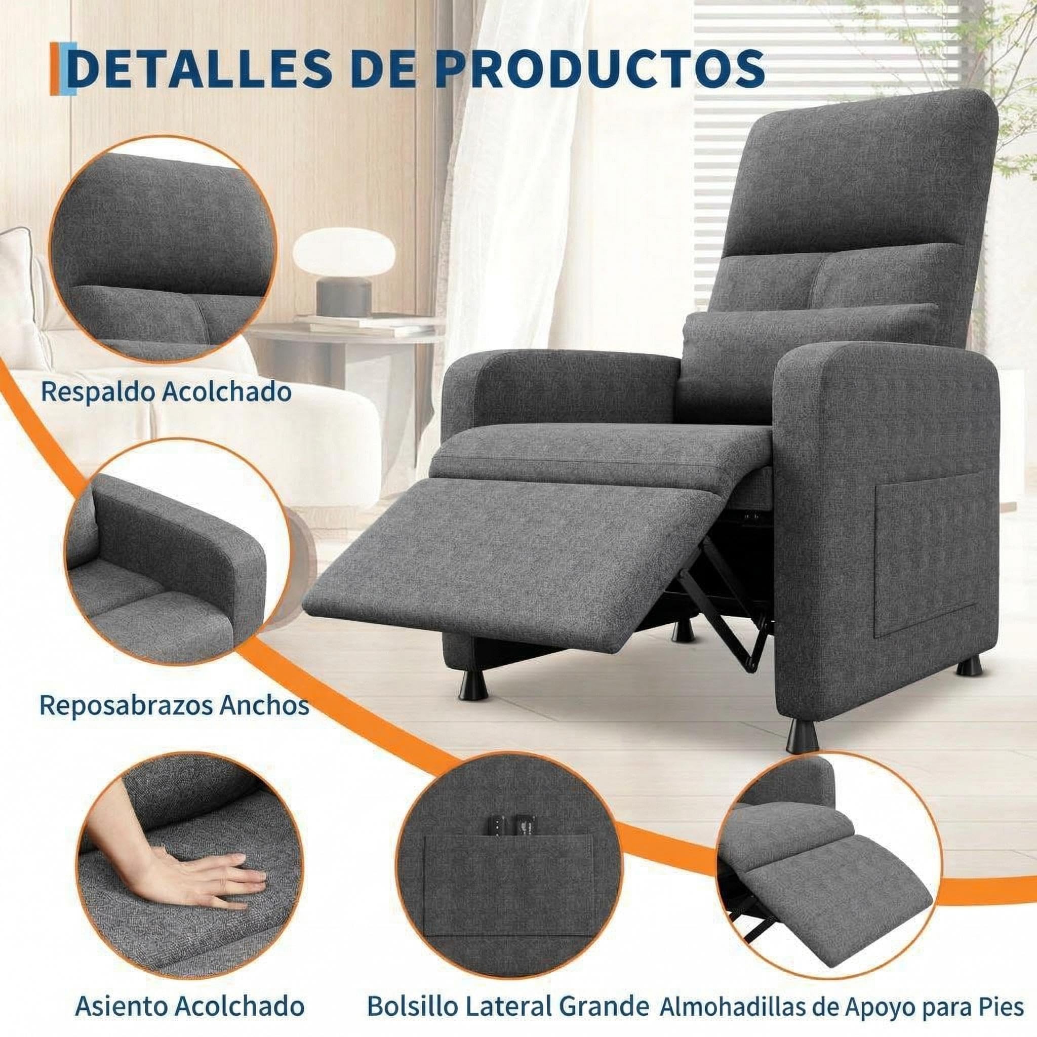 GarveeLife Sillon Relax Reclinable - con Masaje Eléctrico y Calor Lumbar - Sillón Reclinable Eléctrico Ajustable para Salone y Recepciones - Soporte Lumbar, Bolsillos Laterales - Tela de Lino, Gris