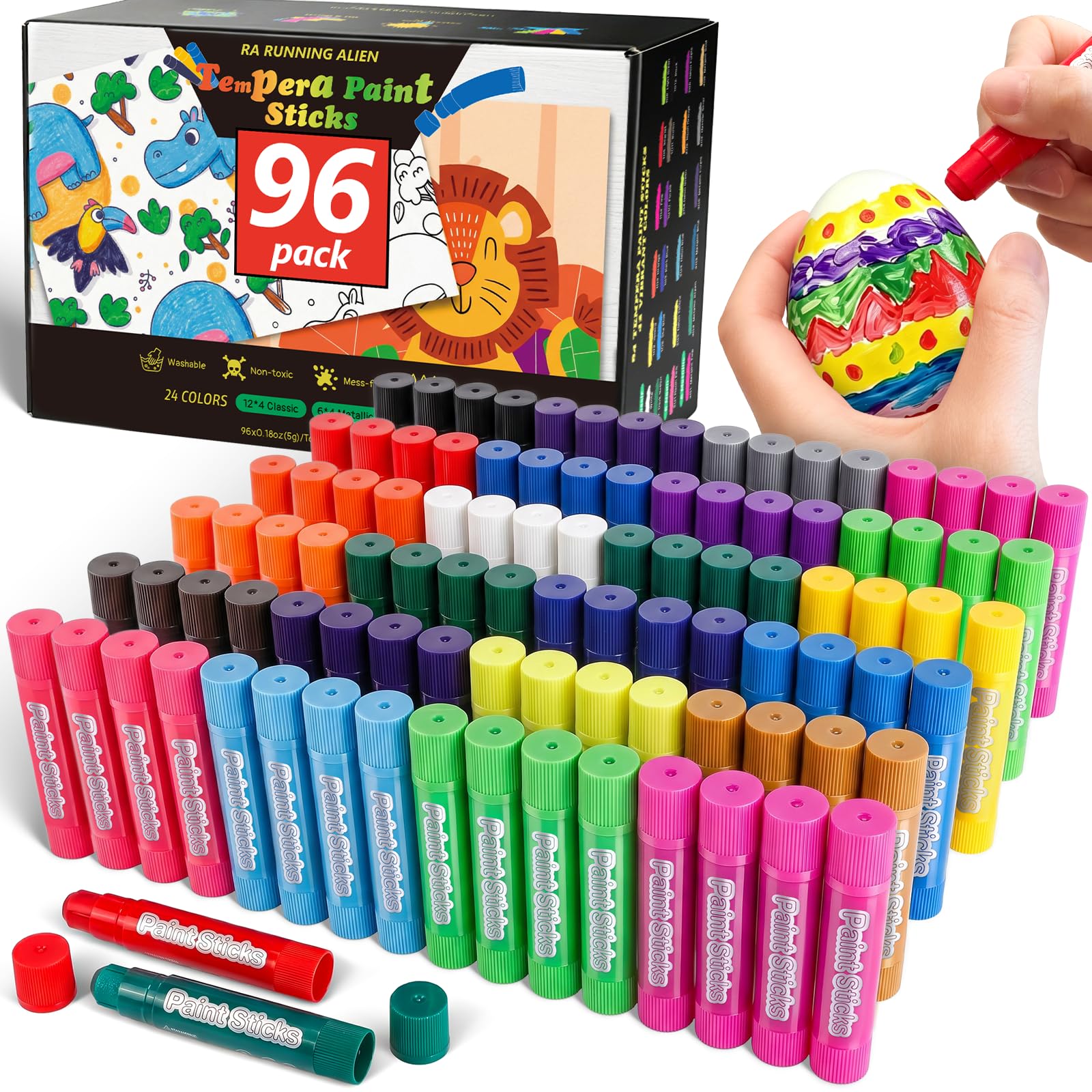 Confezione da 96 bastoncini di vernice a tempera, 24 colori atossici per bambini, non sporca, asciugatura rapida, lisci e lavabili, funzionano alla grande su carta, legno, vetro, ceramica, tela