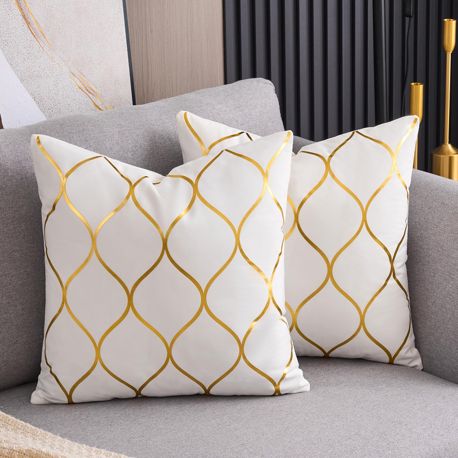 Arwllzz Pack of 2 Velvet Soft Decorative Square Throw Pillow Case 40 x 40cm White Luxury Cushion Covers Golden Lines Geometry Pillowcases Striped for Living Room Sofa Couch Bedroom Home Decor — image 1