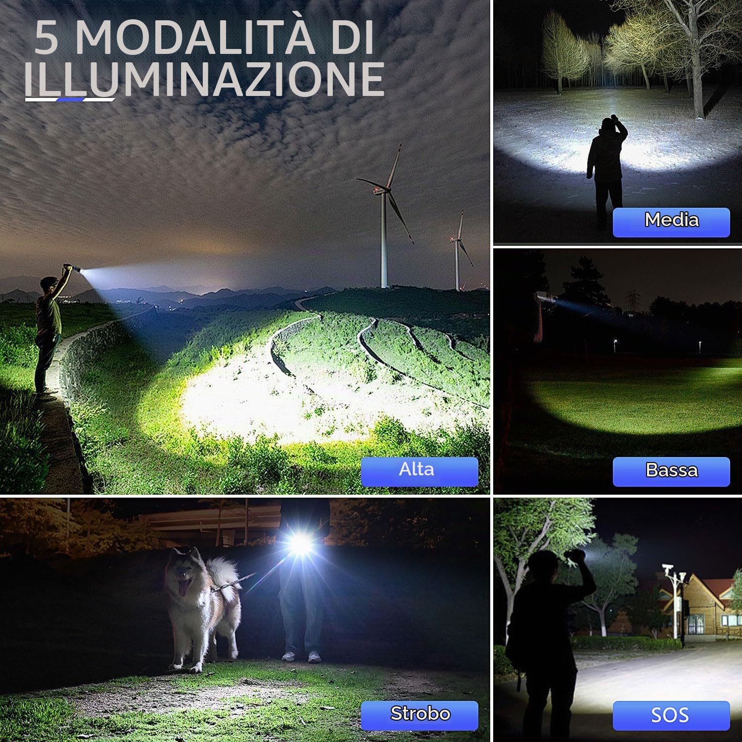 Torcia LED Super Luminose, Torcia Ricaricabile 500000 Lumen Torcia Tattica Potente con Display Digitale LCD, 5 Modalità Zoom Flash Light, Torc a Mano ad Alta Potenza per Campeggio