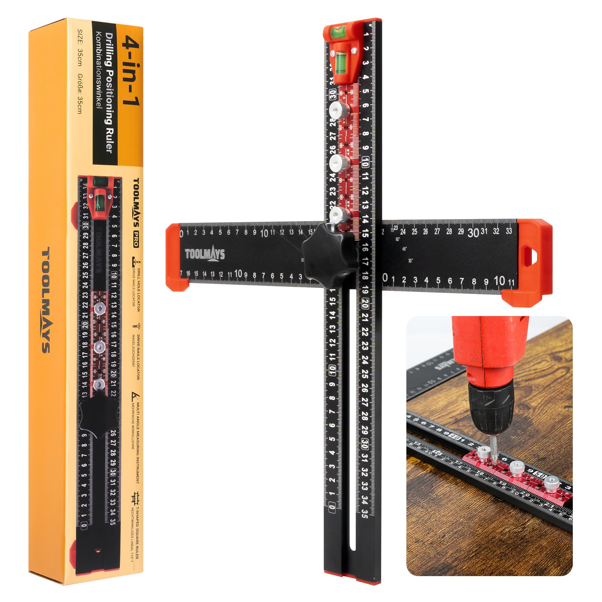 4-In-1 Drilling Positioning Ruler, Adjustable T Square Ruler & Drill Guide 13.78in, Multi Angle Measuring Ruler With Bubble Level, High Precision Cabinet Hardware Jig for Woodworking, Scribe Drawing