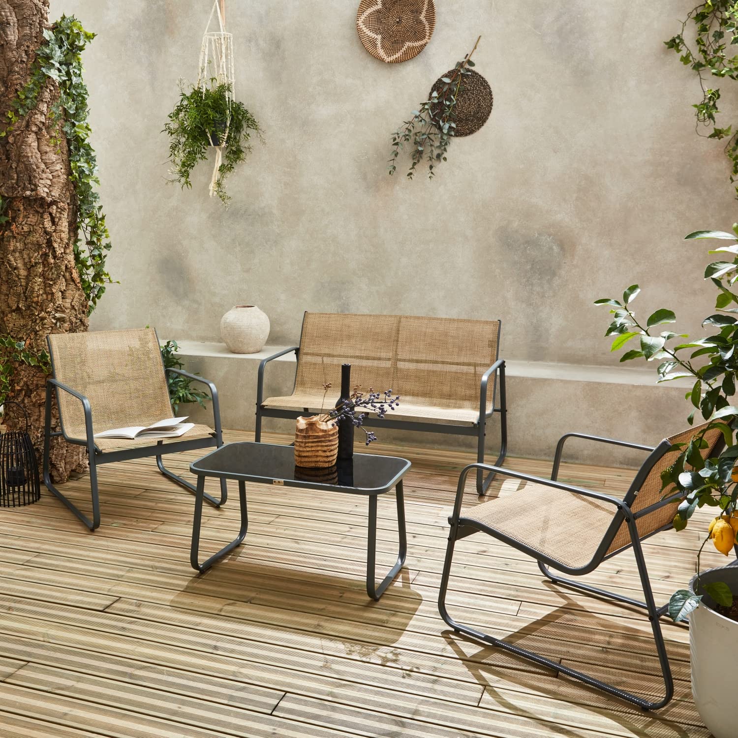 Alice's Garden - Gartenlounge aus Metall und Textilene für 4 Personen, Anthrazit und Natur, modern