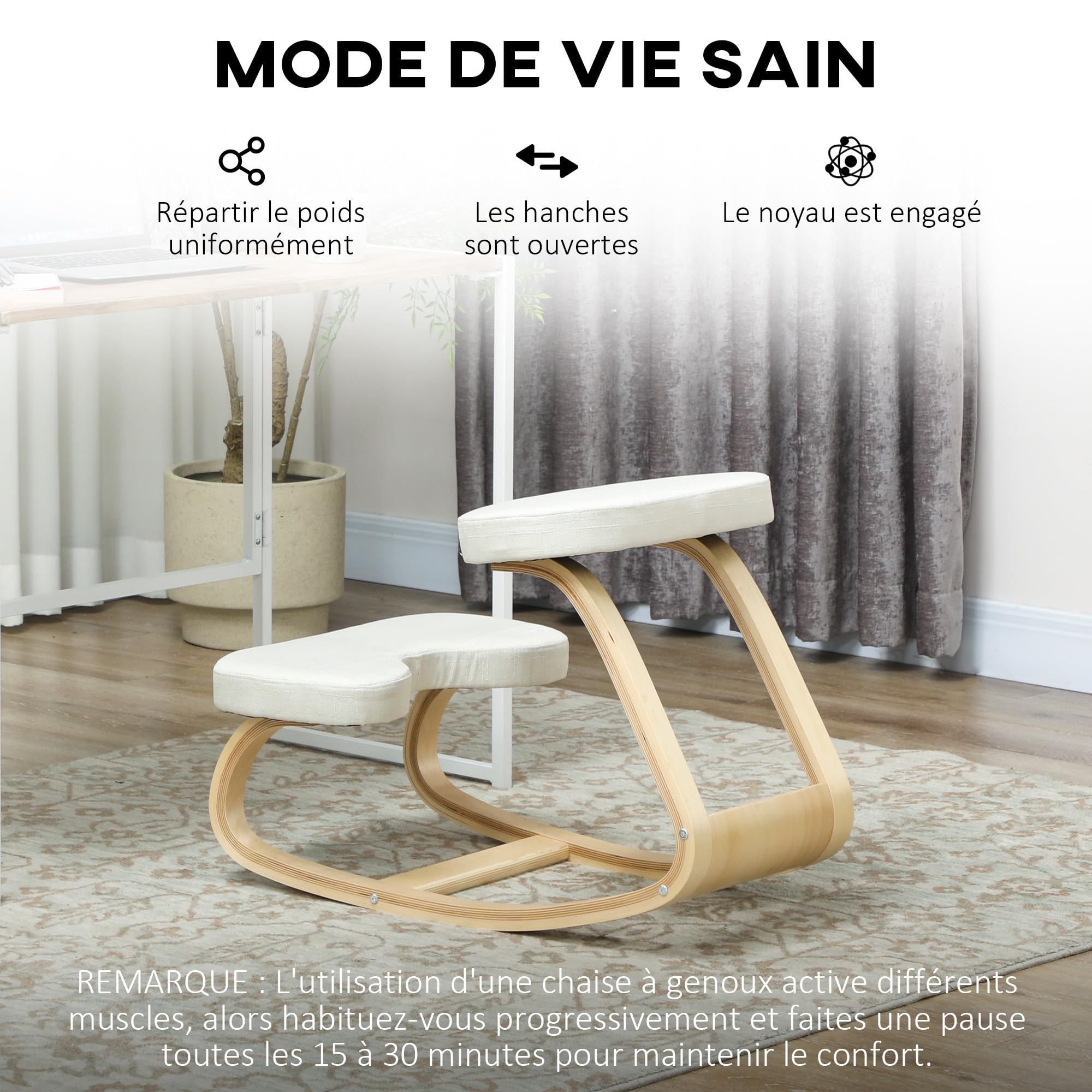 HOMCOM - Asiento de rodillas, asiento ergonómico de madera, mecedora, silla de rodillas, para oficina en casa, mejora la postura, dolor de espalda, crema