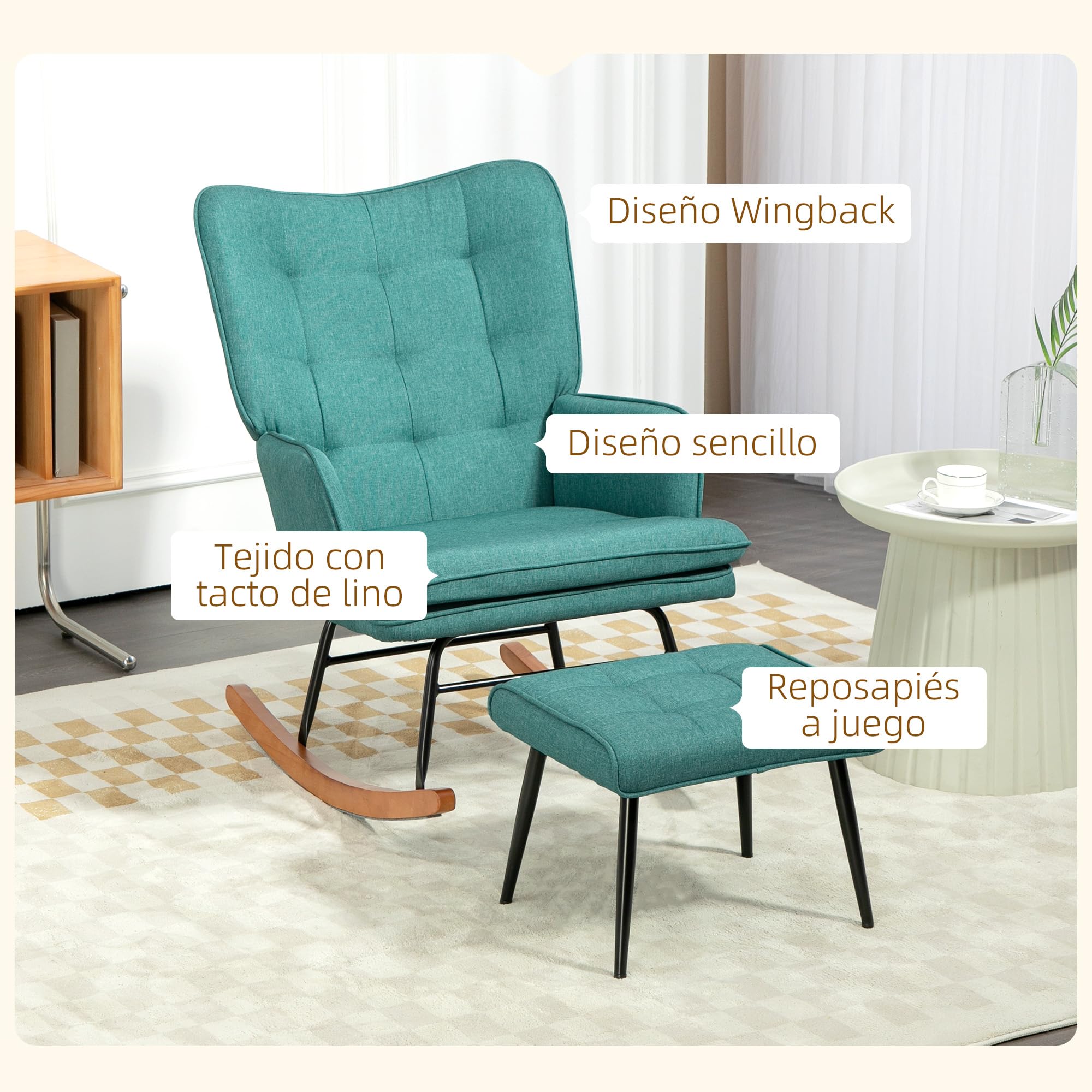 HOMCOM Silla Mecedora con Reposapiés, Sillón de Relax, con Cojín Acolchado, Respaldo Alto, Reposabrazos y Patas de Madera, Carga 130 kg, para Salón, Dormitorio, Verde Azulado