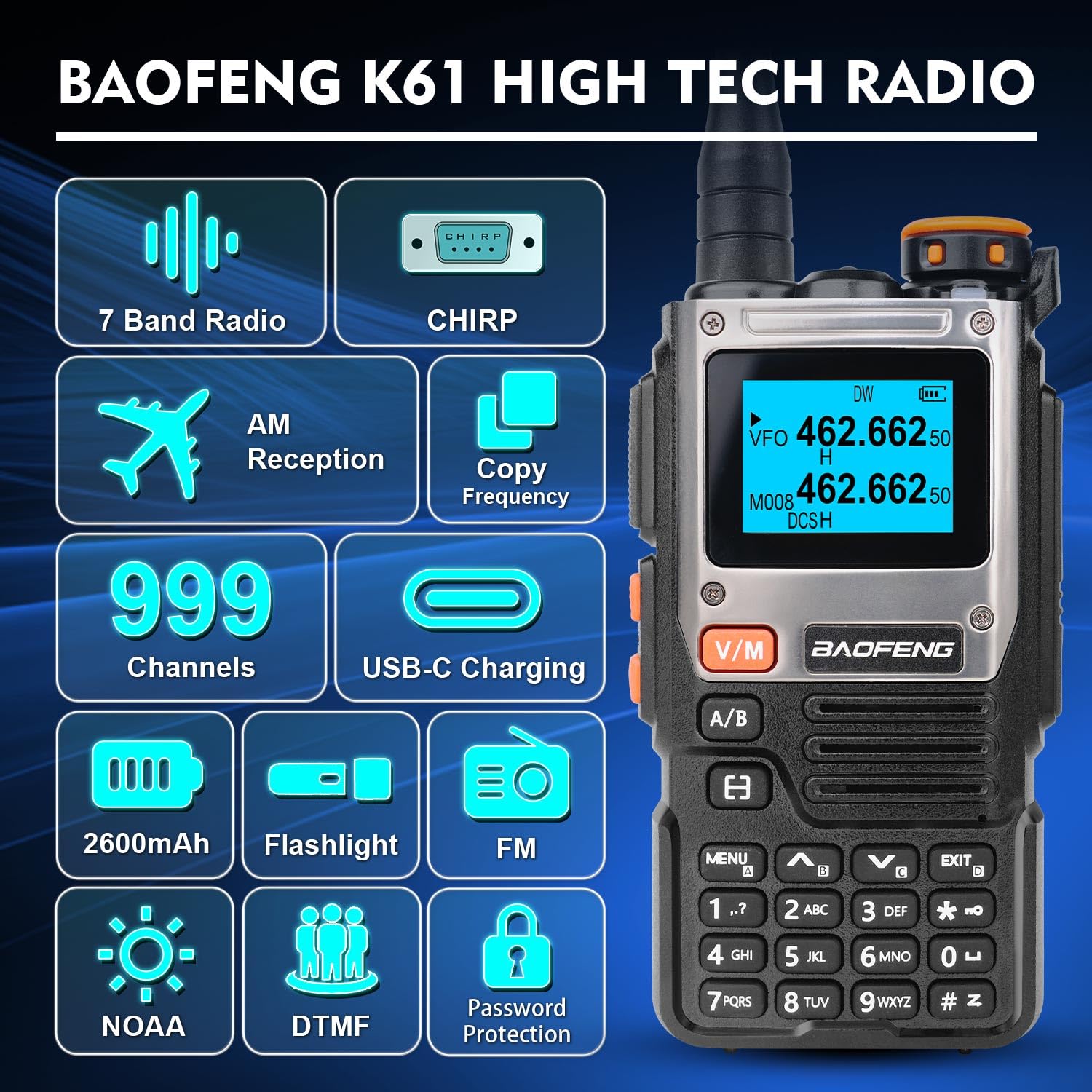 (Support Chirp) BAOFENG K61 Multi-Band Ham Radio Handheld (Upgrade of UV-5R), Long Range Two Way Radio, UHF/VHF/1.25M/NOAA/FM/AM Multi Band Receiver with 2600mAh Battery USB-C Charging, 999CH