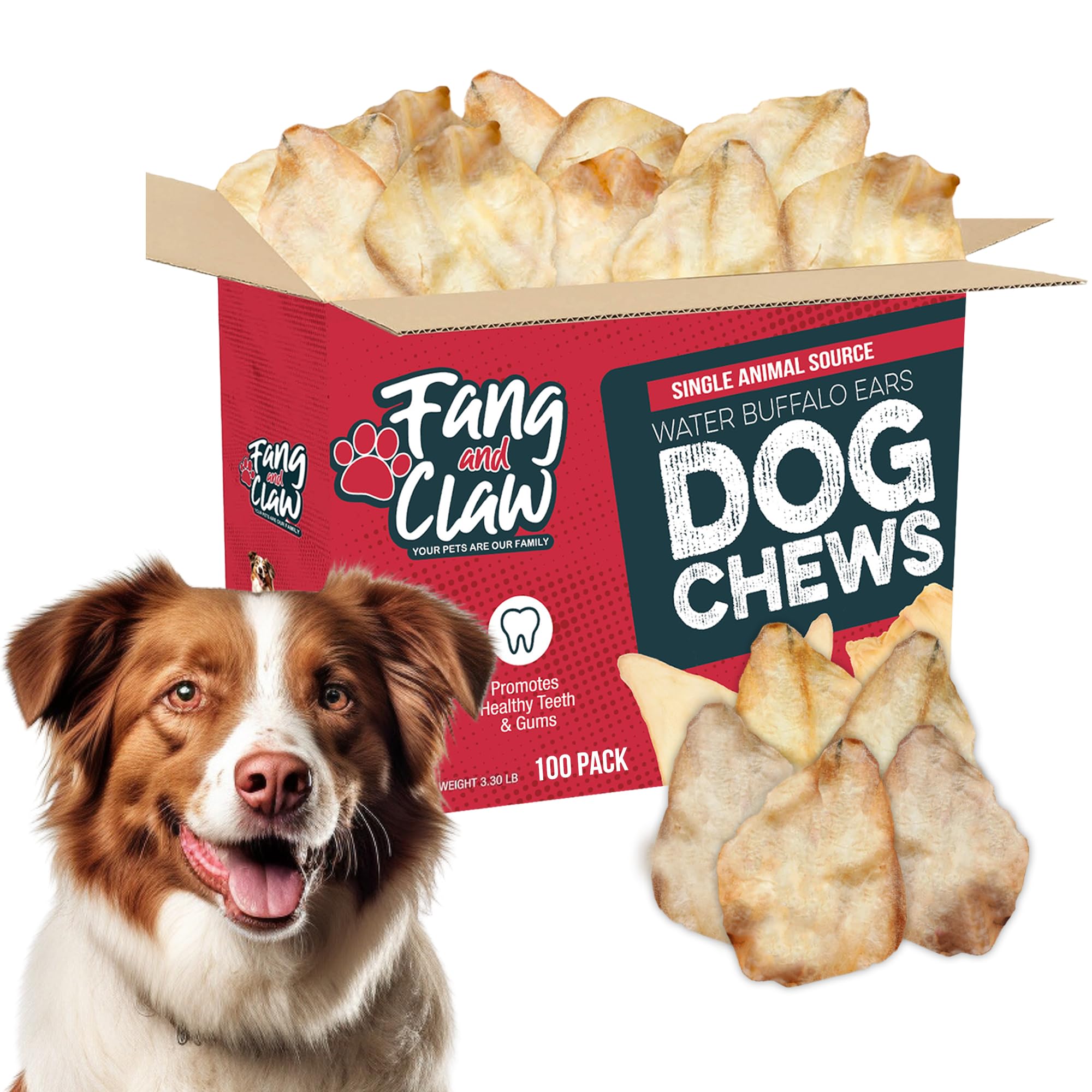 Fang & Claw 100 Count Water Buffalo Ears for Dogs – 100% Natural, Single-Ingredient, Long-Lasting Rawhide Alternative, Grain-Free