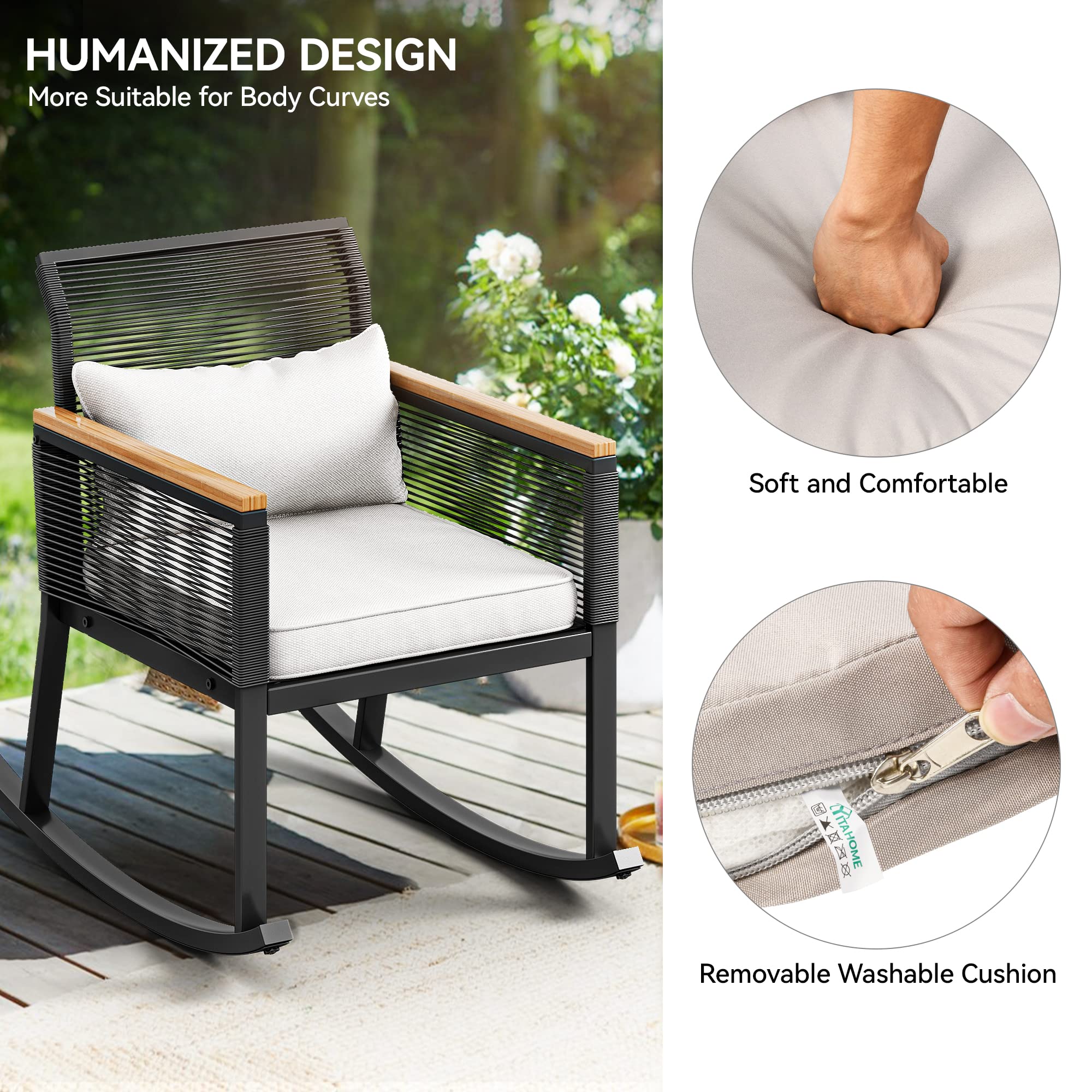 YITAHOME 3-Piece Patio Wicker Rocking Chair Outdoor Conversation Bistro Set with Wood Armrest and Soft Cushions for Balcony, Lawn and Porch Poolside (Black)