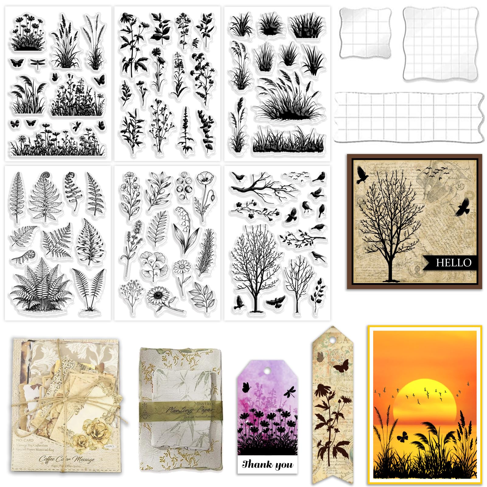 GLOBLELAND 6 Sheets Grass Wildflowers Silhouette Clear Stamps Set with 3 Pcs Acrylic Blocks and 2 Style Scrapbook Papers for Card Making DIY Scrapbooking Photo Album Decor