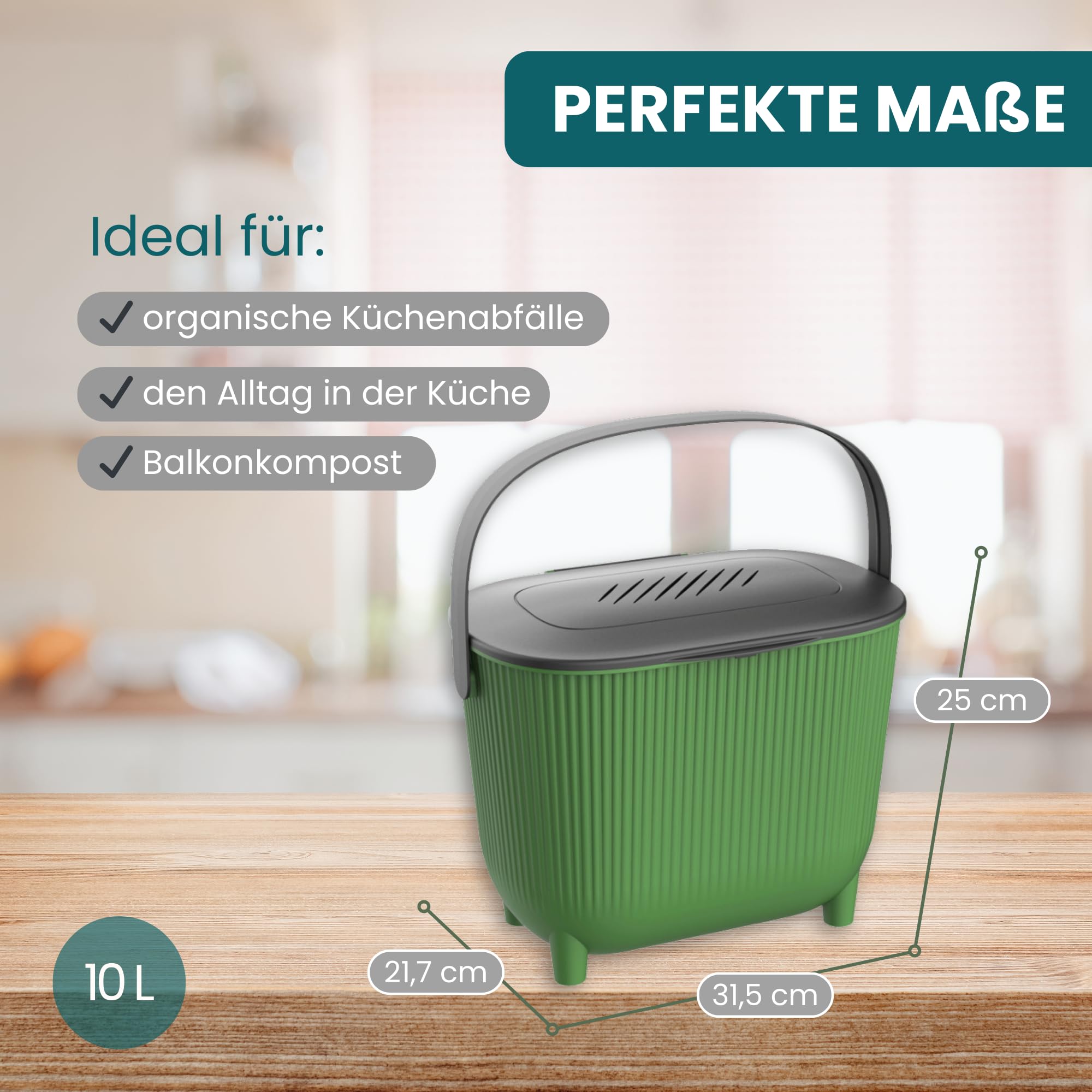 Secchio per compost biologico da 10 l con coperchio, filtro ai carboni attivi e maniglia per il trasporto, salvaspazio e inodore per cucina, riciclabile, verde con coperchio grigio, Kamai Home