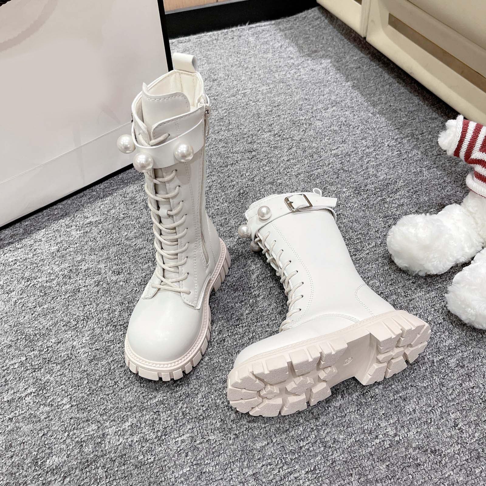 Generico Stivali Bambina con Tacco,Stivali Invernali alla Moda per Ragazze Scarpe Alte alla Caviglia con Fibbia in Perle per Bambini Piccoli Abbigliamento Casual Elegante