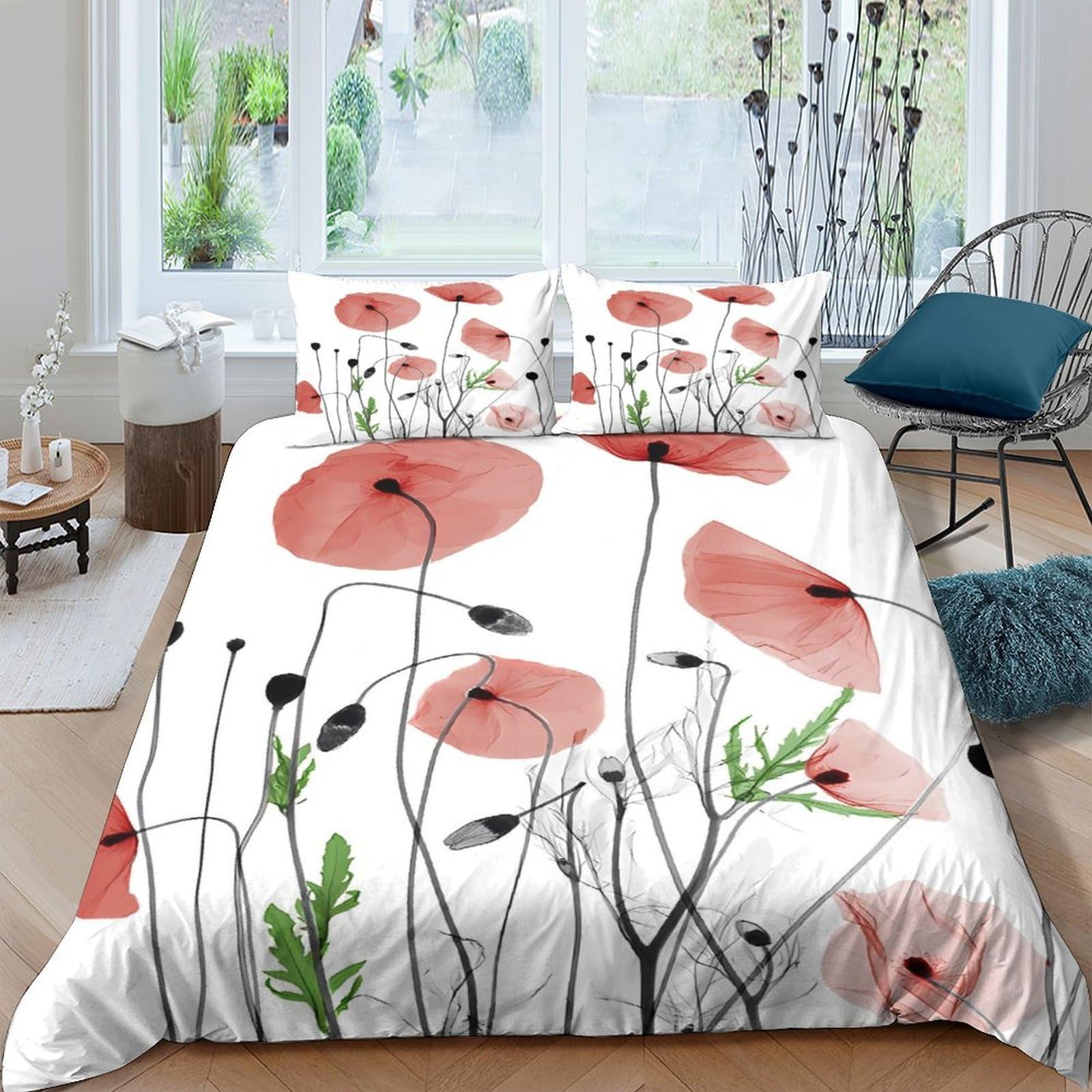 GPLZQXKJNH 3D Printed Red Poppy Floral Duvet Cover Microfiber Soft Breathable Meadow Bedding Set with 2 Pillowcases for Bedroom Decor Single（135x200cm）