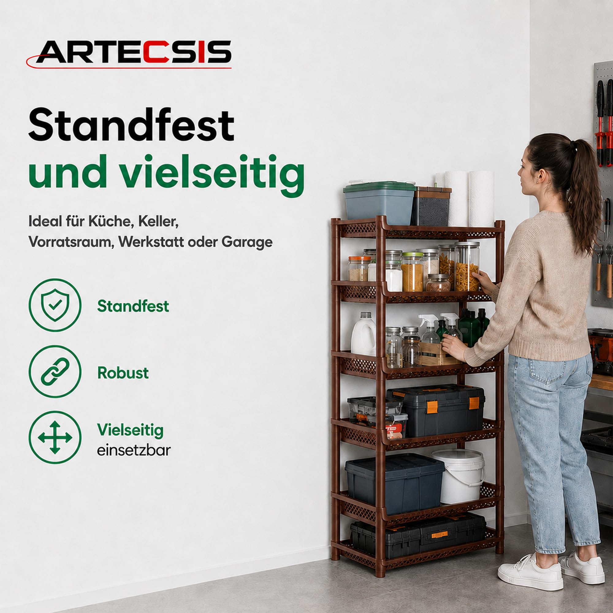 ARTECSIS Korbregal aus Kunststoff stapel-/erweiterbares Stecksystem als Stapelregal, 6 Regalelemente in Braun