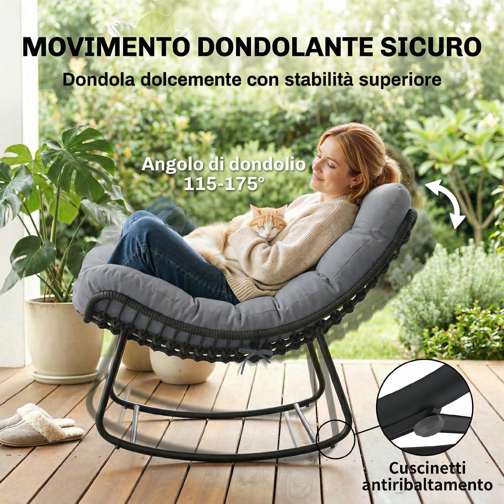 Outsunny Sedia a Dondolo in Rattan Oversize con Cuscino, Struttura Metallo Zincato, Max 120 kg, Grigio Scuro