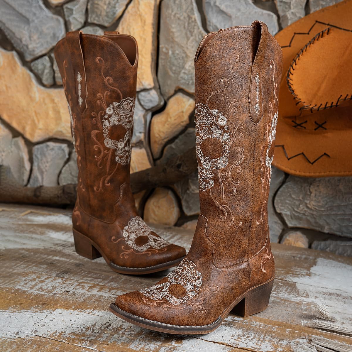 Women’s Embroidered Skull Cowboy Boots – Western Style, Slip-On Mid-Calf Boots, Chunky Heel, Pointed Toe, Vintage Rodeo Cowgirl Boots