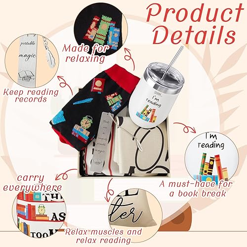 Miniatura 2 de Tioncy 5 piezas de regalos para amantes de los libros para amantes de los libros, incluye bolsa de mano de 12 onzas, vaso de vino, funda de