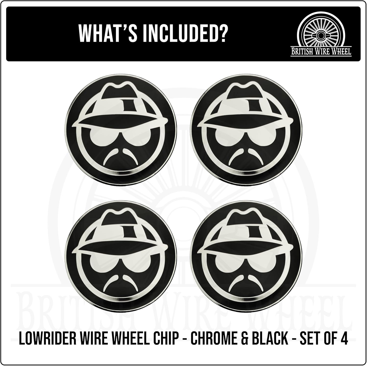Lowrider Chrome & Black Metal Wheel Chip Emblems (Set of 4) | Triple Chrome Plated Solid Metal Wheel Chip Emblems, 2.25" | for Lowriders with Cut or Recessed Knock Off Spinner Caps
