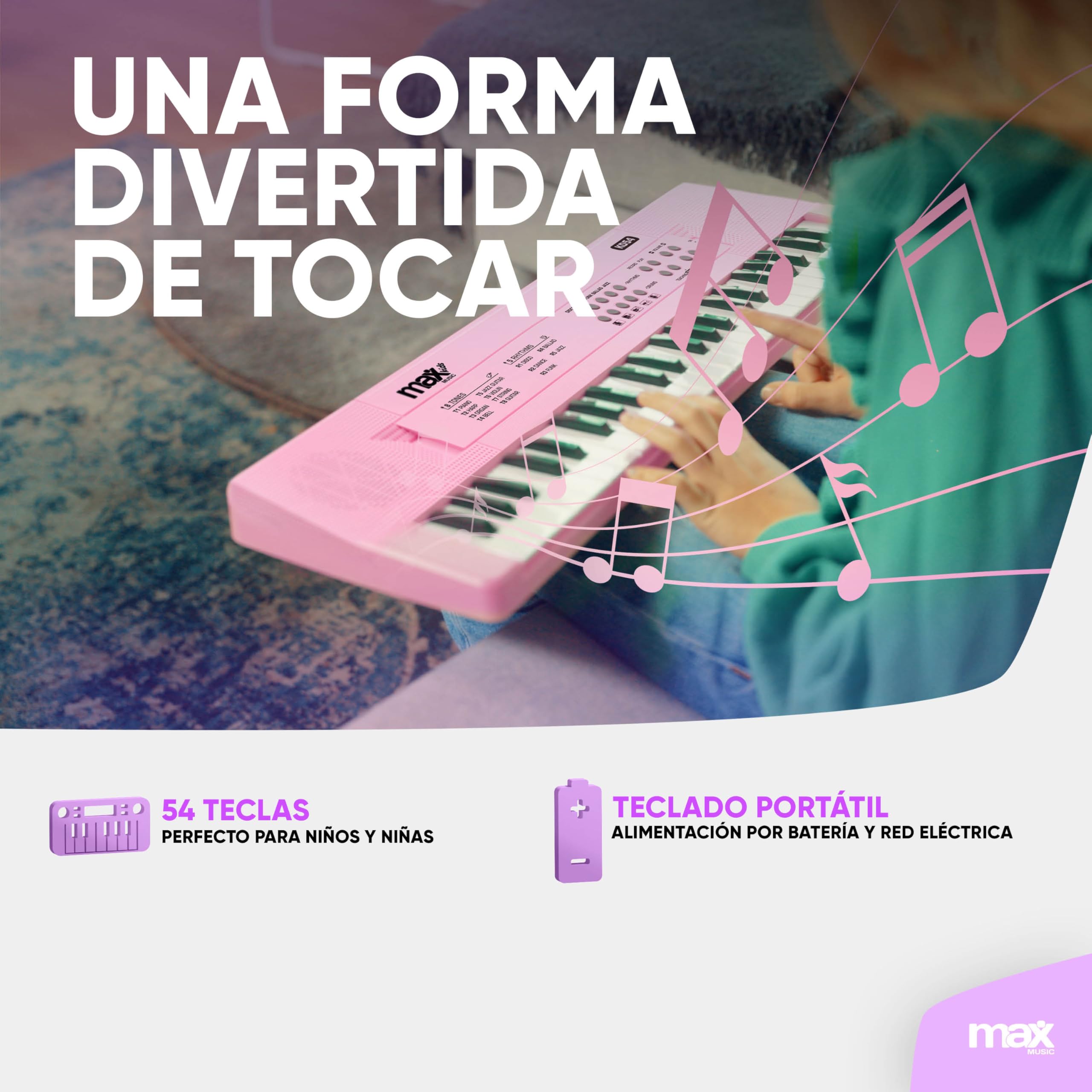 MAX KD54 – Teclado piano 54 teclas con micrófono, batería recargable y altavoces estéreo – Piano digital infantil para principiantes, niñas y niños – Teclado musical portátil – Color rosa