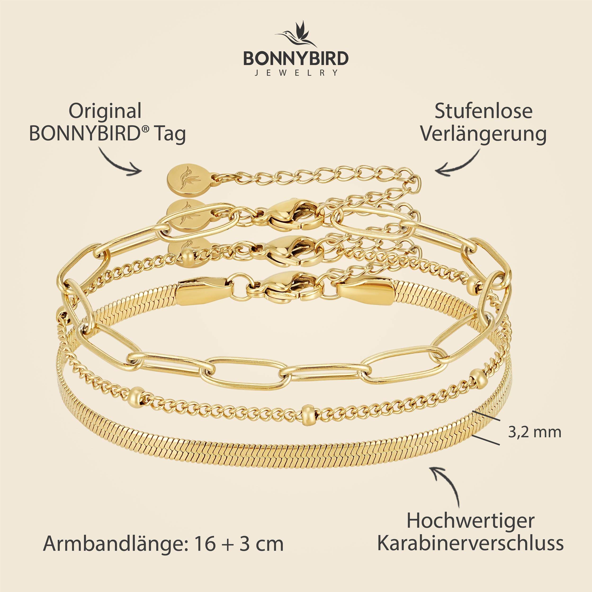 BONNYBIRD® Premium Edelstahl Armband Set Damen in Silber, Gold & Roségold, 100% Wasserfest & Hautverträglich BonnyShine