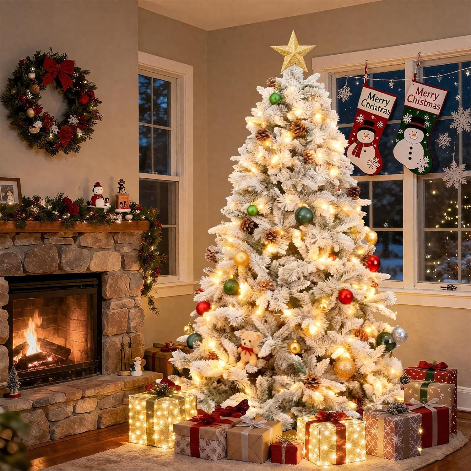 7ft Snow-Flocked Artificial Christmas Tree, LED pre-lit Holiday Xmas Tree for Home Office Party Decoration with 1100 PE&PVC Hinged Branch Tips and 400 Warm White Lights, Foldable Stand