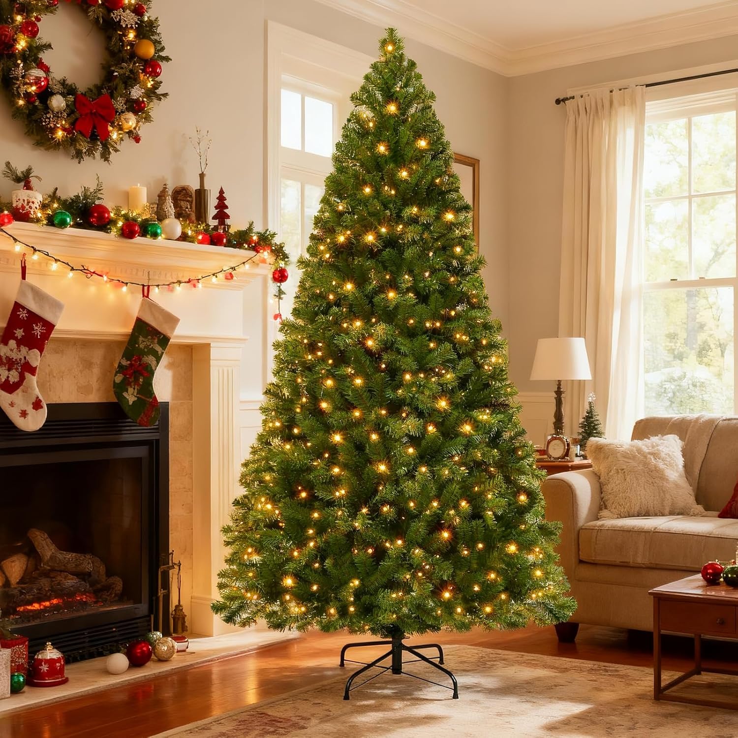 Prelit Christmas Tree 7ft, Artificial Christmas Tree with 350 Warm White Lights, 1105 PVC Branch Tips, Metal Stand & Foldable Base - Ideal for Home, Office, Party, or Holiday Decor