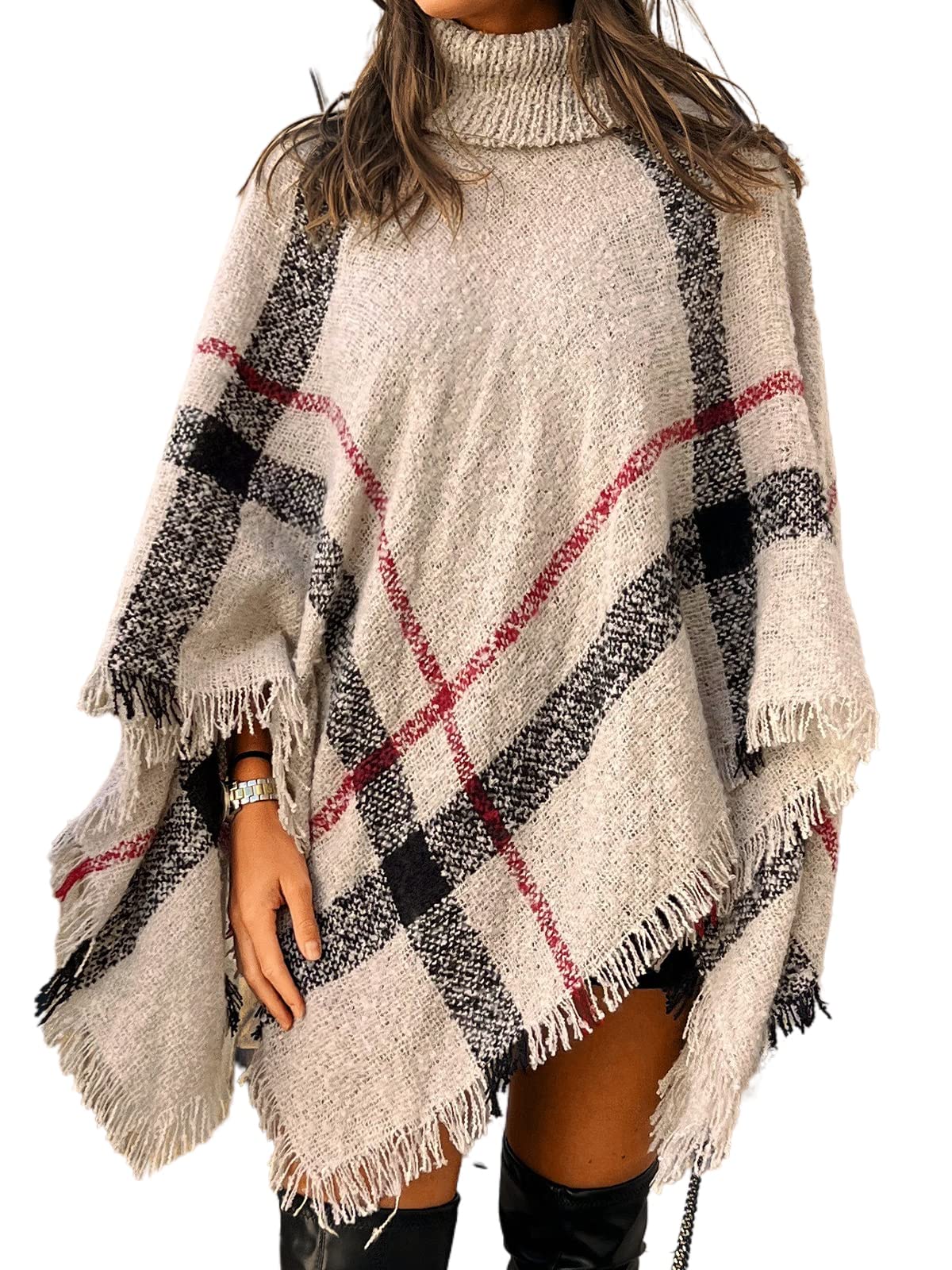 CUPSHEWomen Jumper Casual Plaid Turtleneck Poncho Winter Dolman Long  Sleeves Relaxed Fit Pullover Sweater
