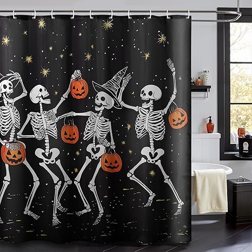 Miniatura 5 de Cortina de ducha de Halloween fantasmas bailarines espeluznantes con calabazas, juego de cortina de ducha de Halloween con ganchos, decoración de