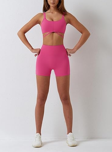 Miniatura 5 de ABOCIW Conjuntos de entrenamiento para mujer, 2 piezas, con parte delantera torcida, halter, brasieres deportivos, pantalones cortos de cintura