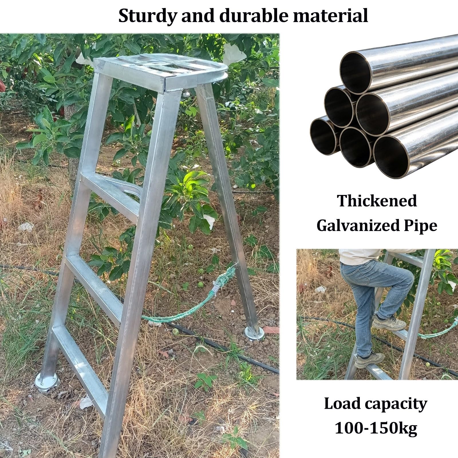 Escalera trípode de 4 peldaños para huerto, Escalera Alta para podar Ramas | Tubería galvanizada, plataforma ancha, escalera plegable para podar árboles en el jardín