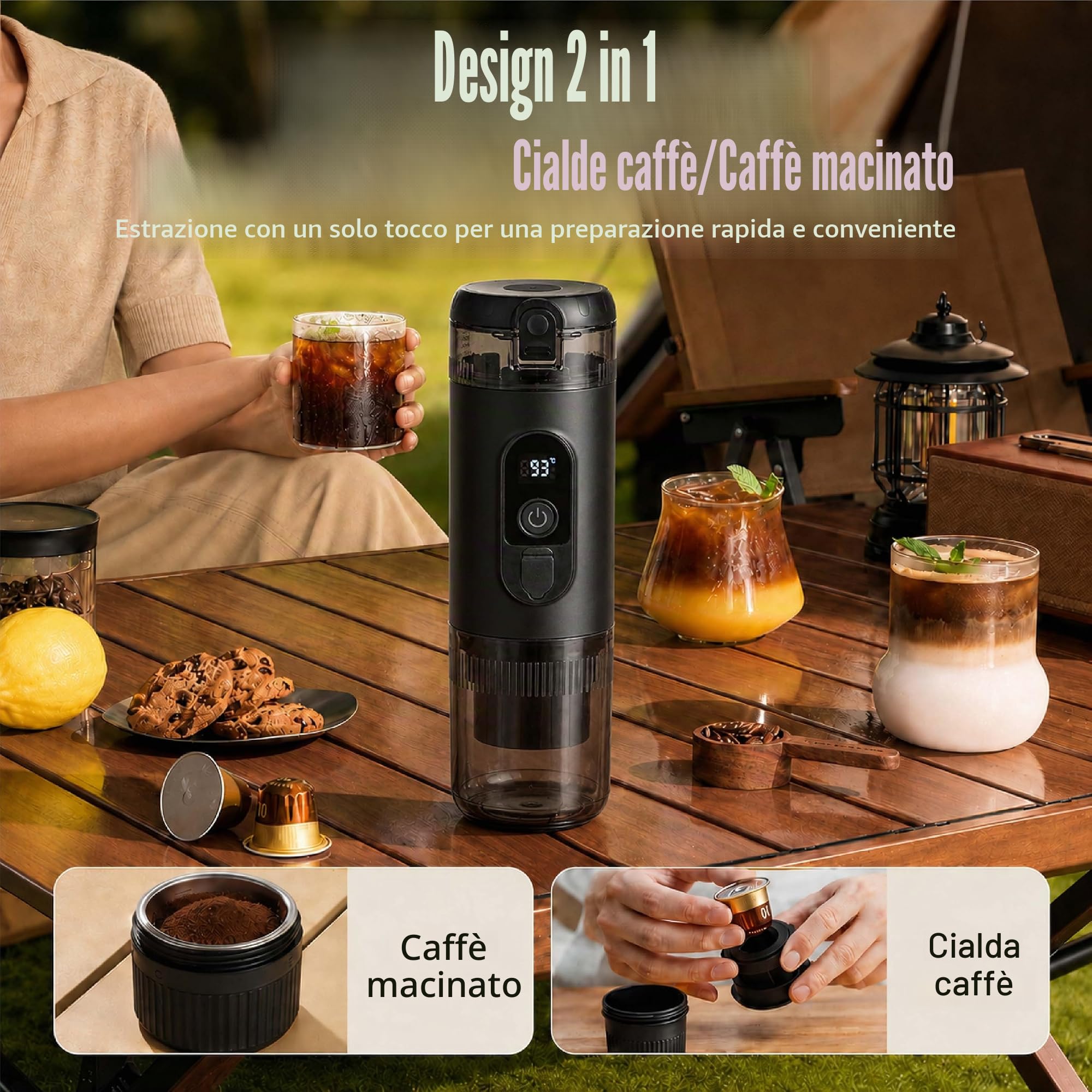 Macchina da Caffè Portatile a Capsule con Batteria USB-C, Macchina Espresso Automatica a Pompa 72W, Serbatoio 60 ml, Tazza 150 ml, ABS Senza BPA, per Viaggi Camping Auto Outdoor