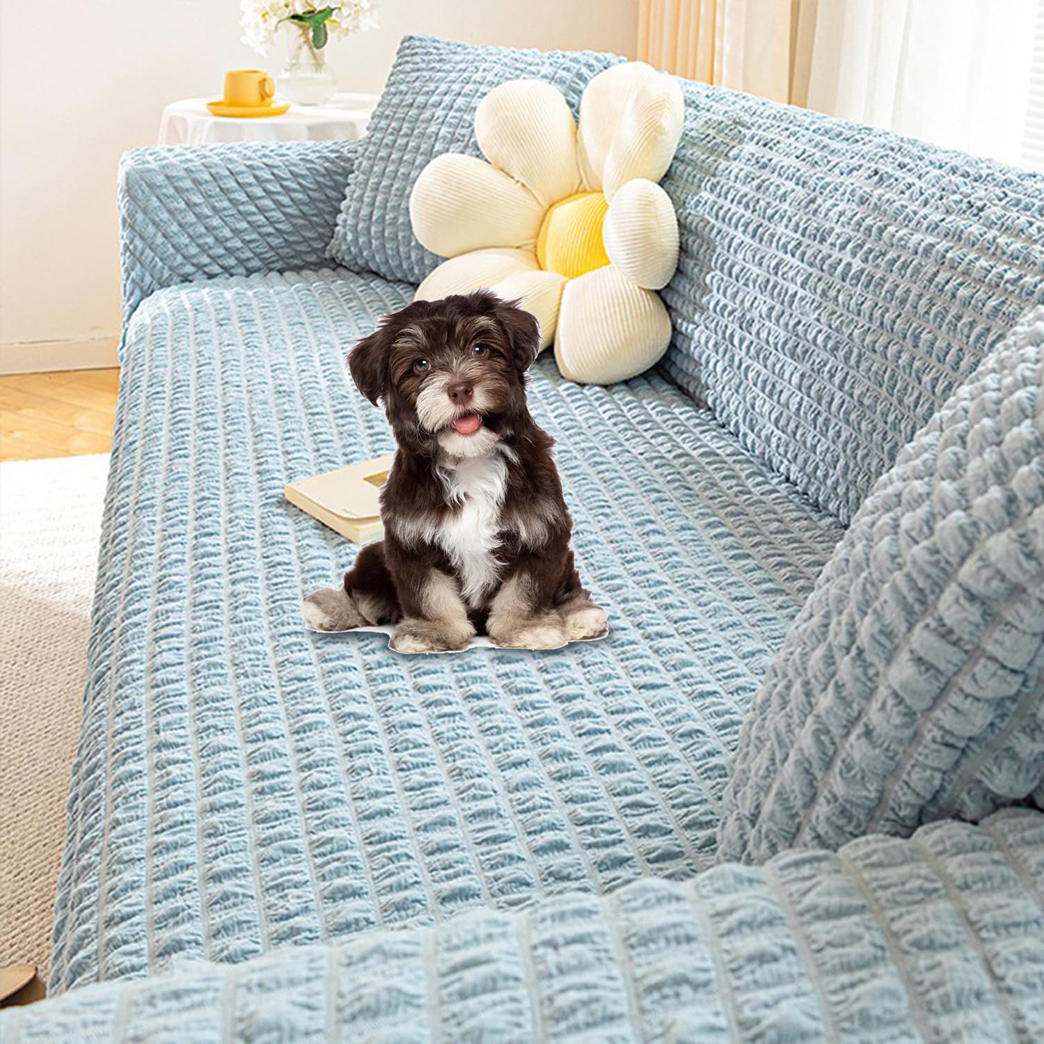 Funda de sofá elástica de 4 plazas azul protectora para mascotas con relieve 3D maíz