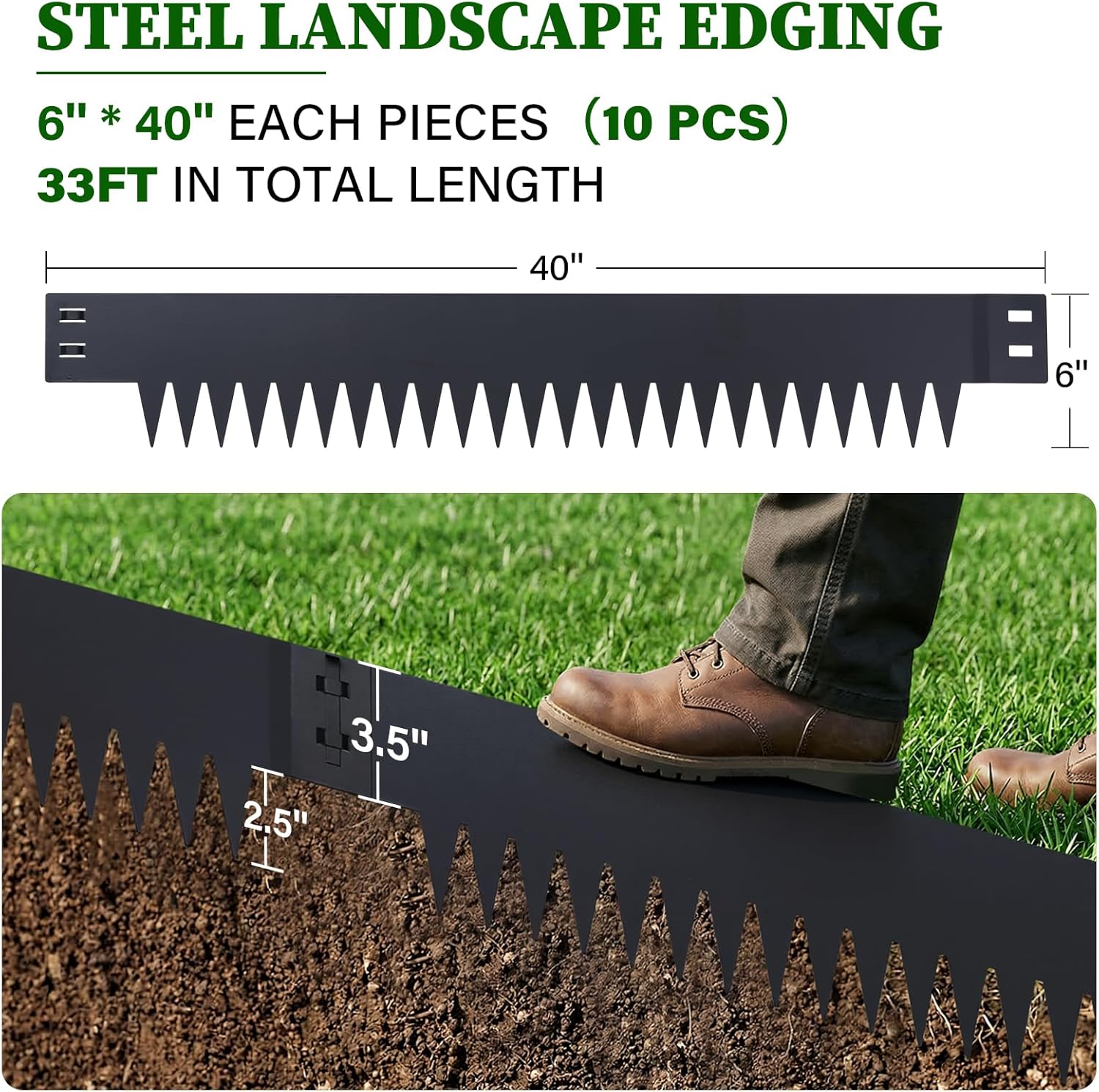 No Dig Landscape Edging 33 FT - Heavy Duty Flexible Metal Garden Border, 6" Tall x 40" Long Galvanized Steel Lawn Edging with 10 Anchoring Pins for Flower Beds, Yard, Pathway, Mulch Barrier (10-Pack)