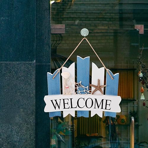 Miniatura 8 de VOSAREA Letrero de bienvenida de madera de estilo mediterráneo, colgante de pared, decorativo para colgar en la pared, letrero para puerta
