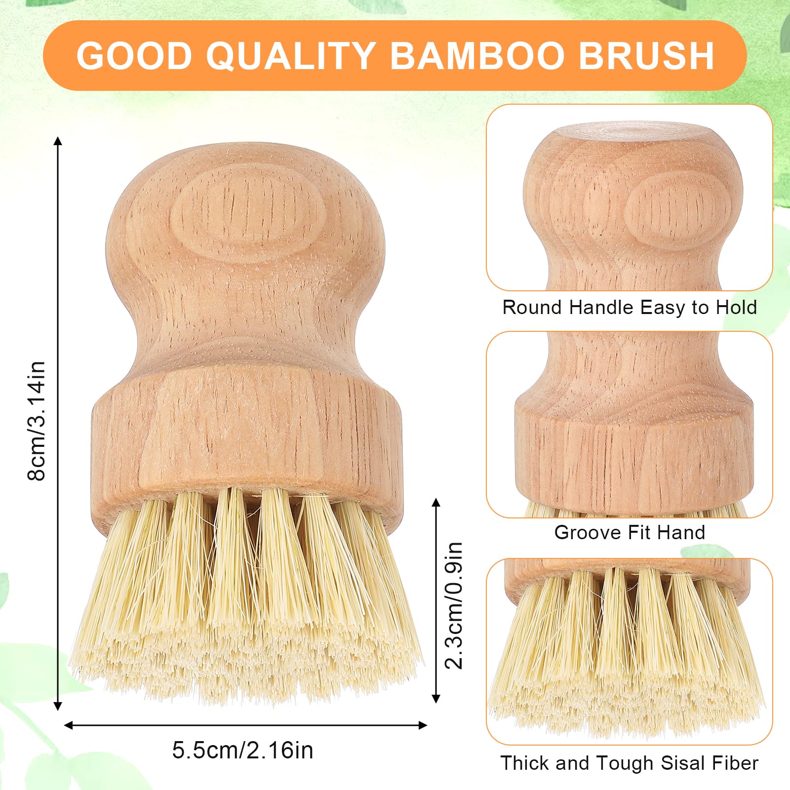 cobee Lot de 12 brosses à récurer rondes en bambou avec poils en sisal naturel pour casseroles en fer, poêles, éviers, fruits, légumes