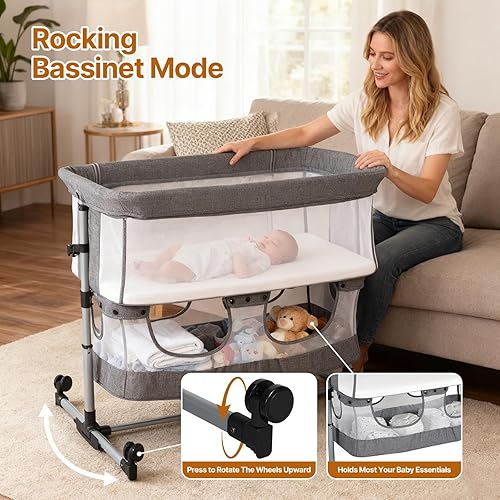 Miniatura 3 de Moisés de noche, cuna 3 en 1, cuna mecedora de 5 alturas ajustables, malla completa transpirable, mosquitera, cesta de almacenamiento, moisés