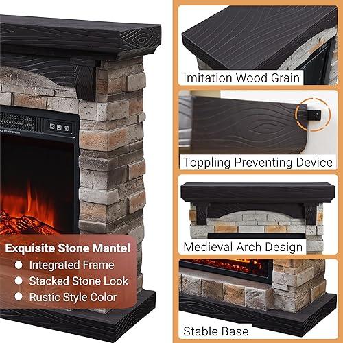Miniatura 3 de Chimenea eléctrica con repisa, chimenea de piedra sintética de 28 pulgadas de ancho, calentador alto independiente con control remoto llama LED para