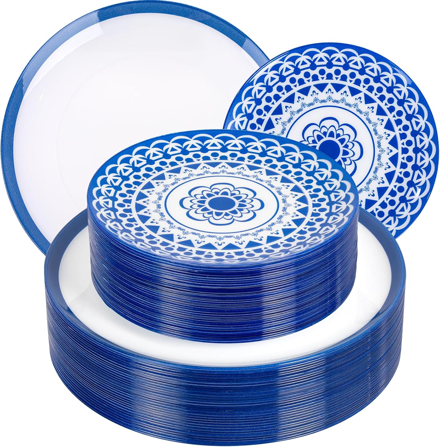 EI 60pcs Blue Plastic Plates Disposable Blue and White Floral Baroque Plastic Plates Fancy Decorative Plate Disposable Heavy Duty with Retro Classic Art Suitable for for Party,Birthday,Wedding