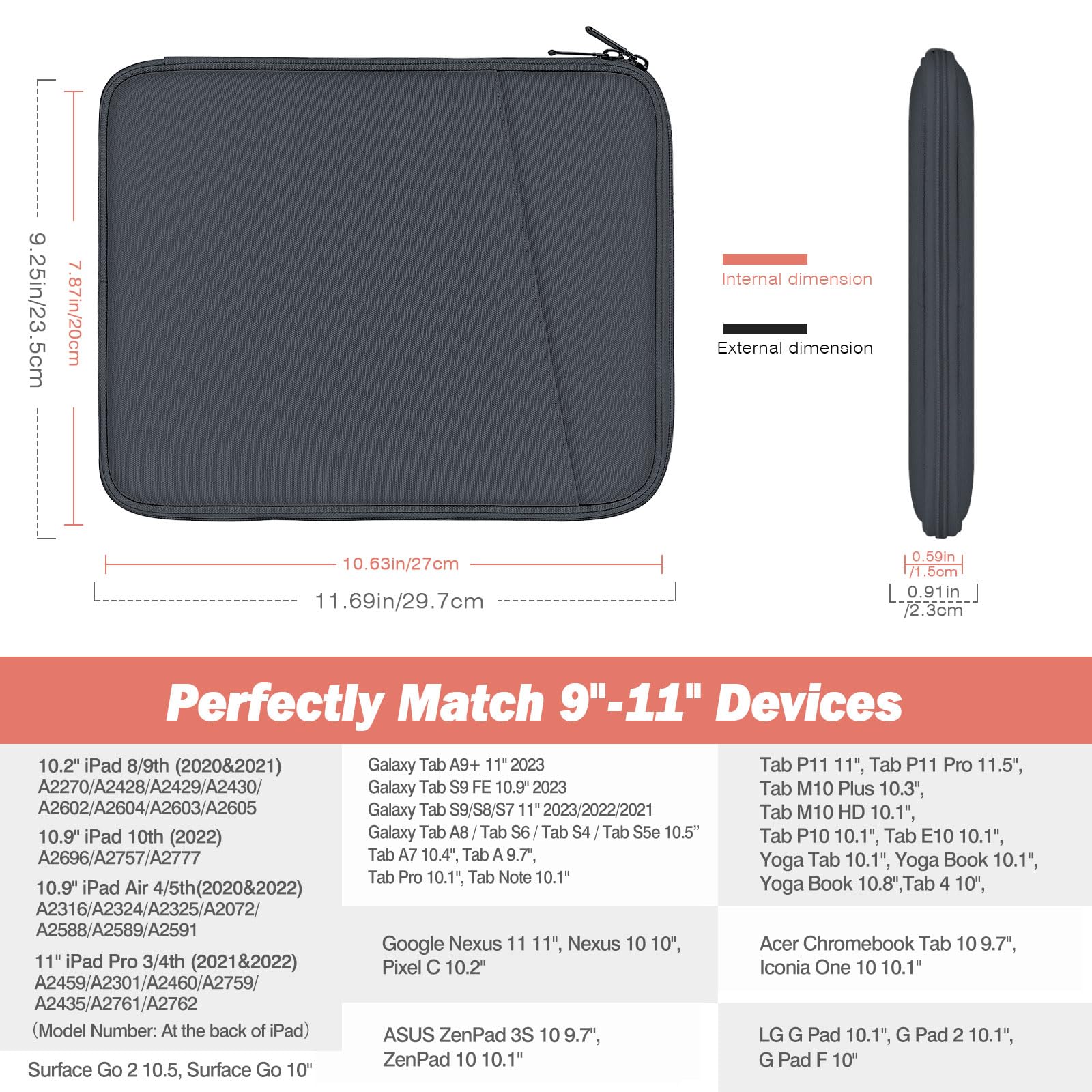 MoKo 9-11'' Custodia Protettiva Compatibile con 11" iPad Air M3, iPad A16 2025, iPad Pro 11 M4 2024/11" iPad Air M2 2024/iPad 10a 10,9 2024/iPad Air 5/4 10,9, Galaxy Tab S9/S8/A8/A7 2022, Grigio Scuro