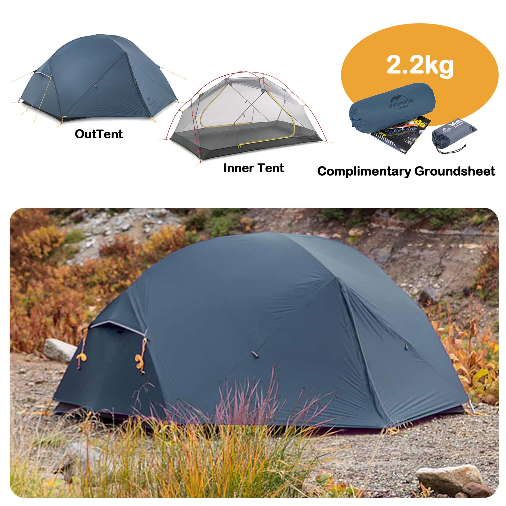 Naturehike Mongar ultralekki namiot kempingowy 1,57 kg, dla 2 osób, wodoodporny PU2000+, wiatroszczelny, dwuwarstwowy, na wędrówki, kemping