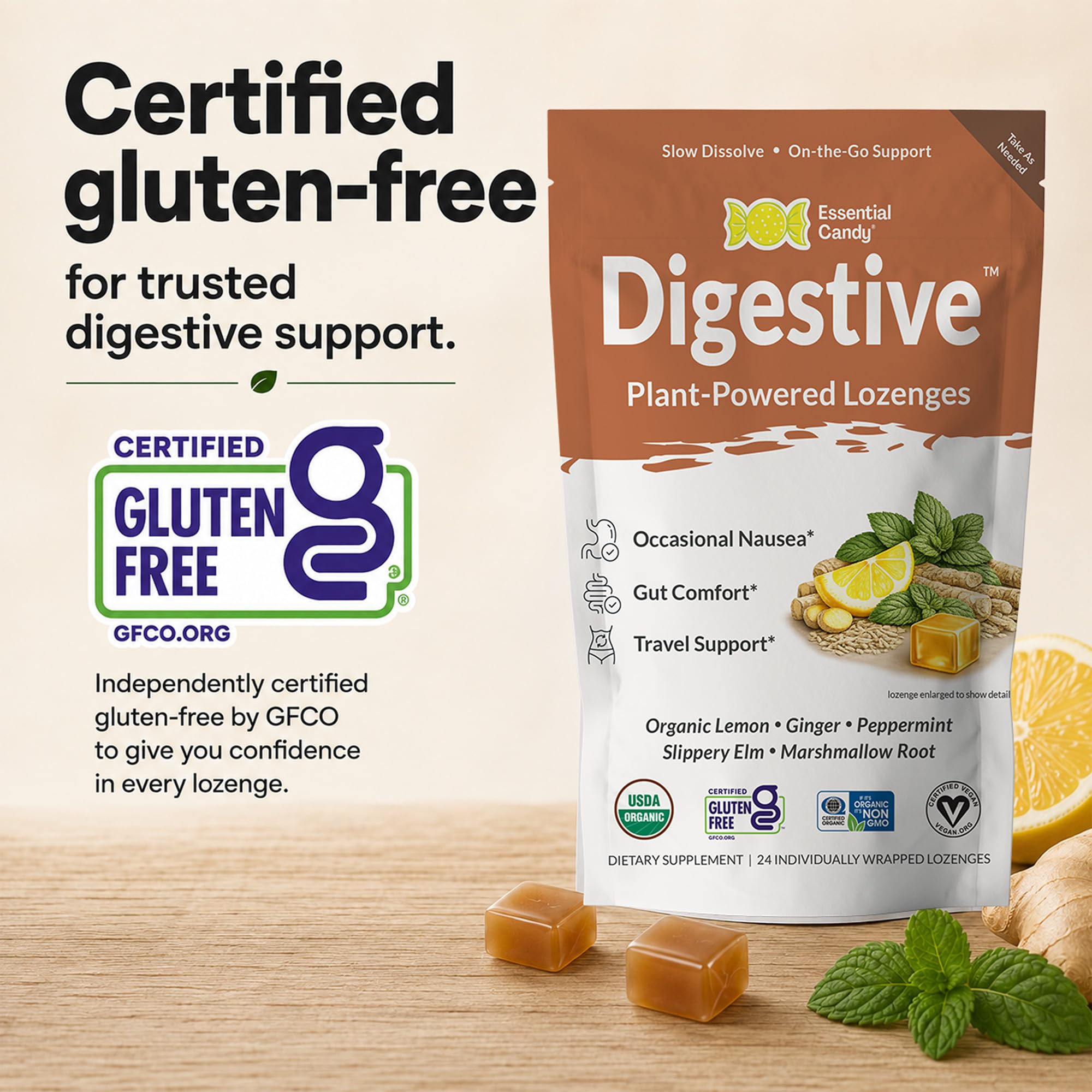 Essential Candy Digestive Blend Functional Lemon Ginger Lozenges for Nausea, Stomach Settle Support & Travel Sickness with Peppermint & Slippery Elm Plant-Based Lozenges 24 Ct. Made in USA — Amazon image 6