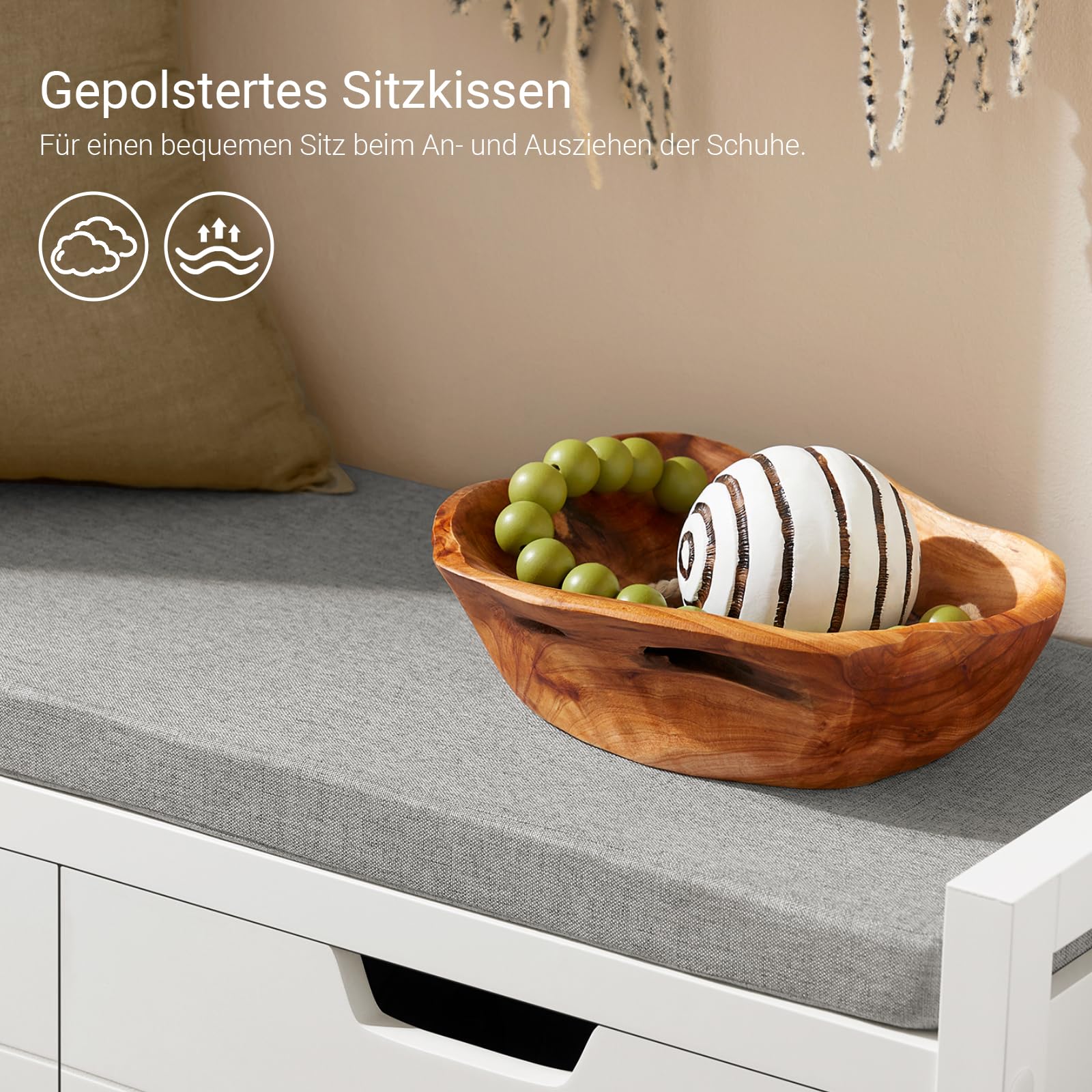 SoBuy Schuhbank mit Sitzfläche und Stauraum – Schuhregal Flur Sitzbank mit Truhe – Gepolsterte Sitzfläche & große Klappe – Für Eingangsbereich & Wohnzimmer – Weiß MDF 91x30x50cm FSR63-II-W