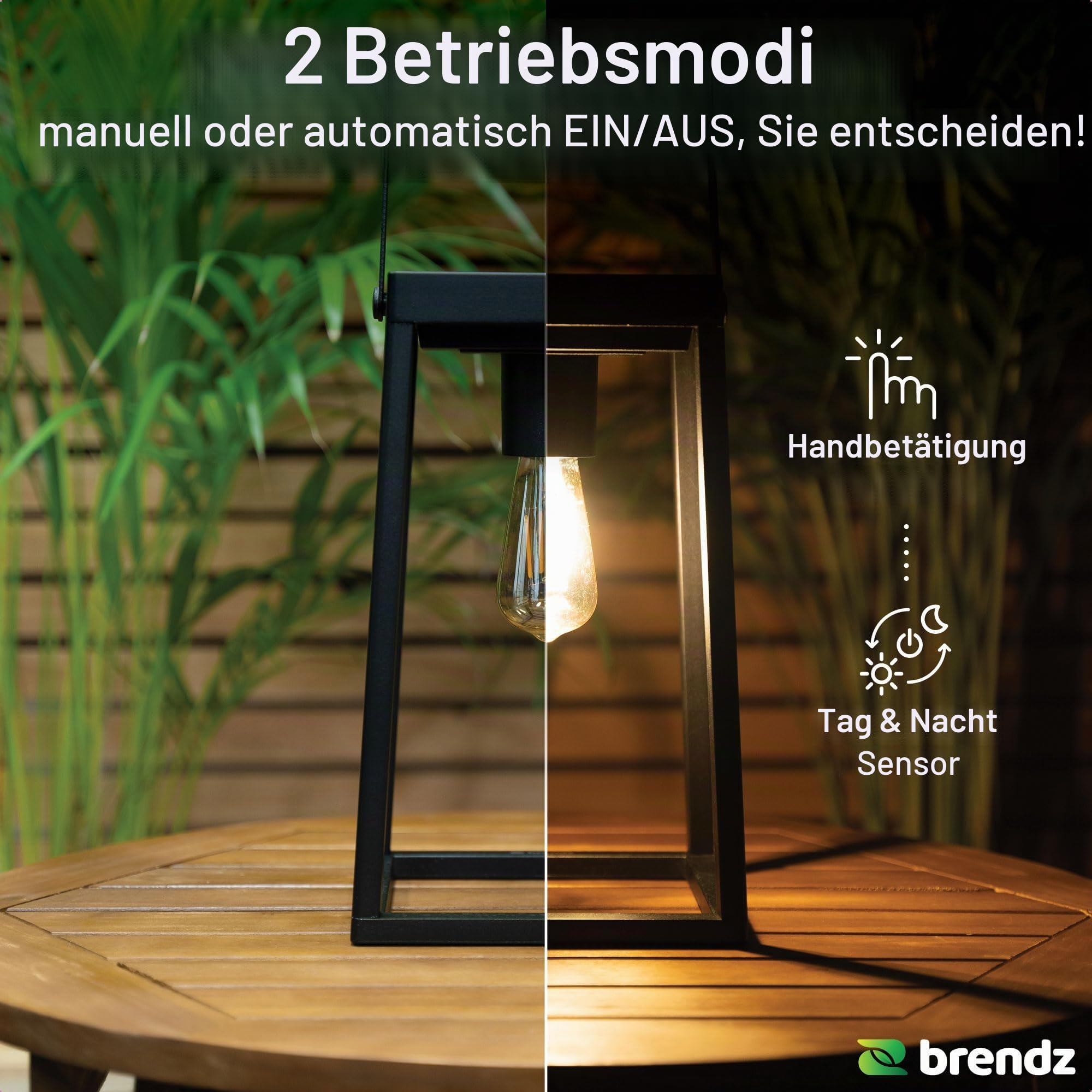 Brendz Tischlampe Solar Outdoor, Solar laterne für Außen IP44, Akku aufladbar über USB-C, Gartendeko mit 3 Lichtmodi, ohne Einschaltautomatik, Laterne Solar Außen Wetterfest, Tampa