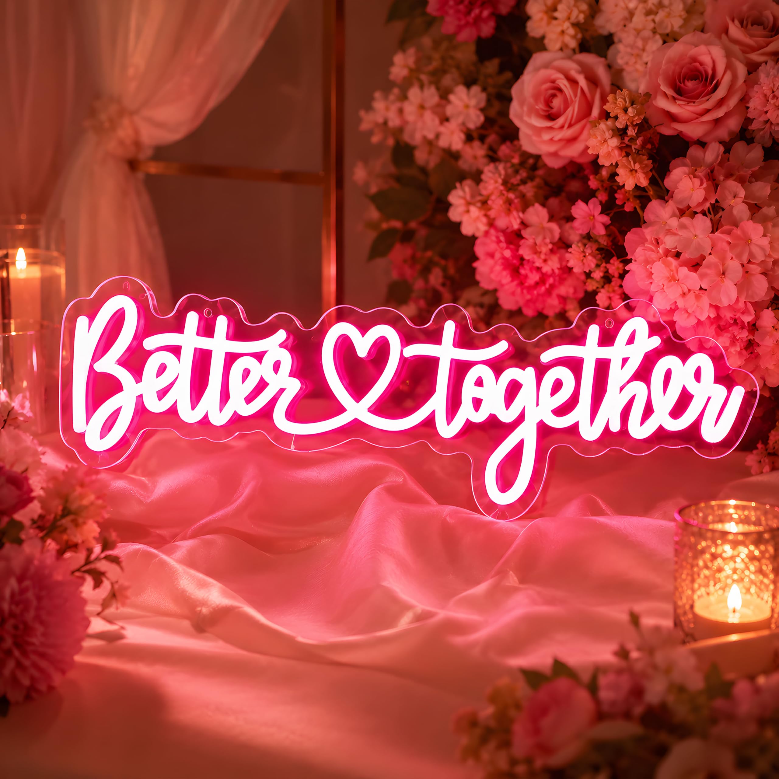 Better Together Neonschild für Wanddekoration, USB-betrieben, dimmbar, rosa Schrift, LED-Wortlicht für Hochzeit, Verlobung, Party, Brautparty, Schatz, Tisch, Paar, Geschenk