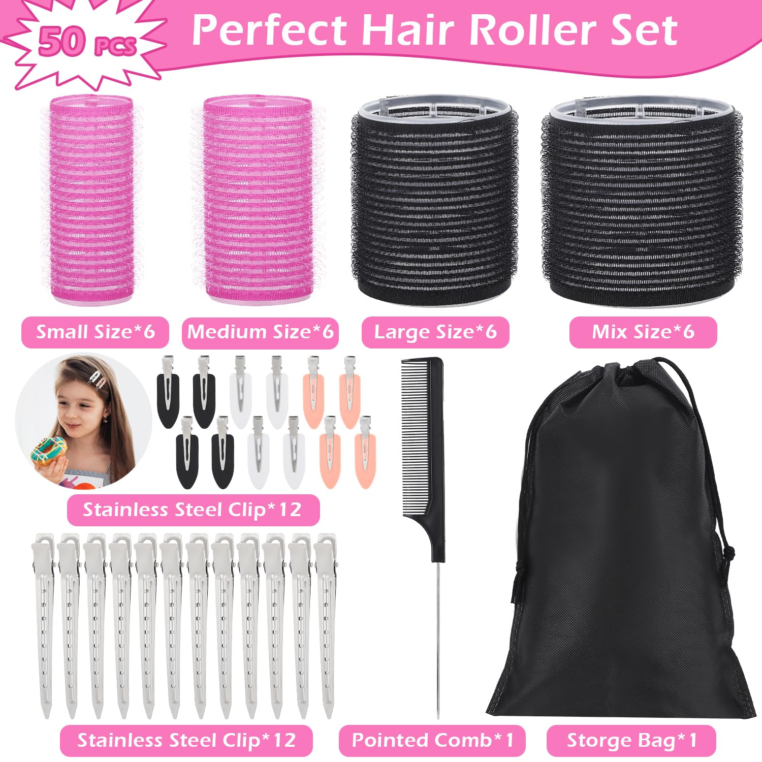 Juego de 50 rulos para el cabello, rodillos autoadherentes para cabello largo, mediano y corto, 4 tamaños de rollos de pelo (6 jumbo + 6 grandes + 6 medianos + 6 pequeños + 1 bolsa de almacenamiento