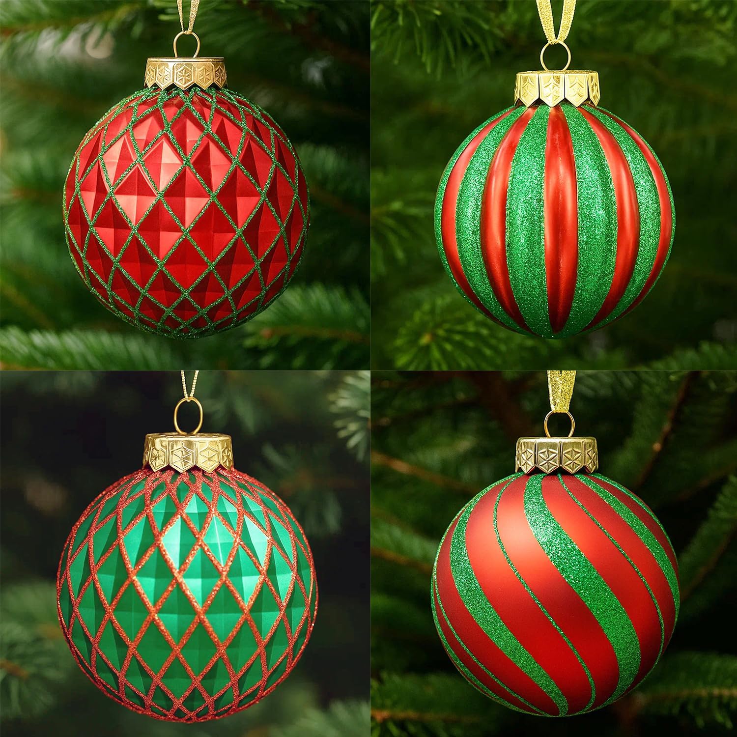 28pk Red and Green Christmas Ball Ornaments for Tree Decorations - Holiday Xmas Shatterproof Plastic Balls, Icicles and Snowflakes Ornament Set