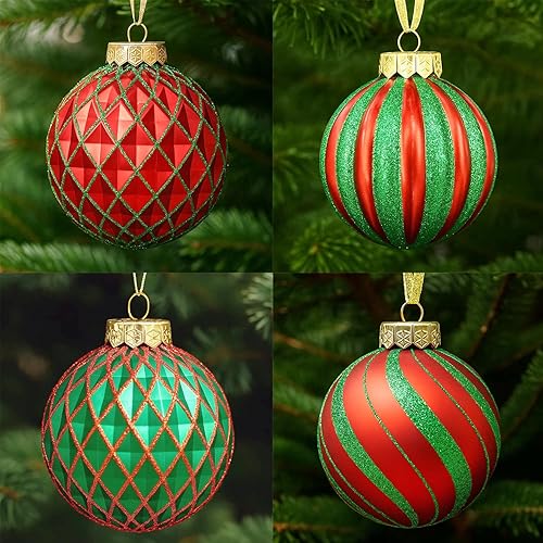 SLEETLY Paquete de 28 adornos de bolas de Navidad rojas y verdes para decoraciones de árboles - Juego de adornos de bolas de plástico inastillables,