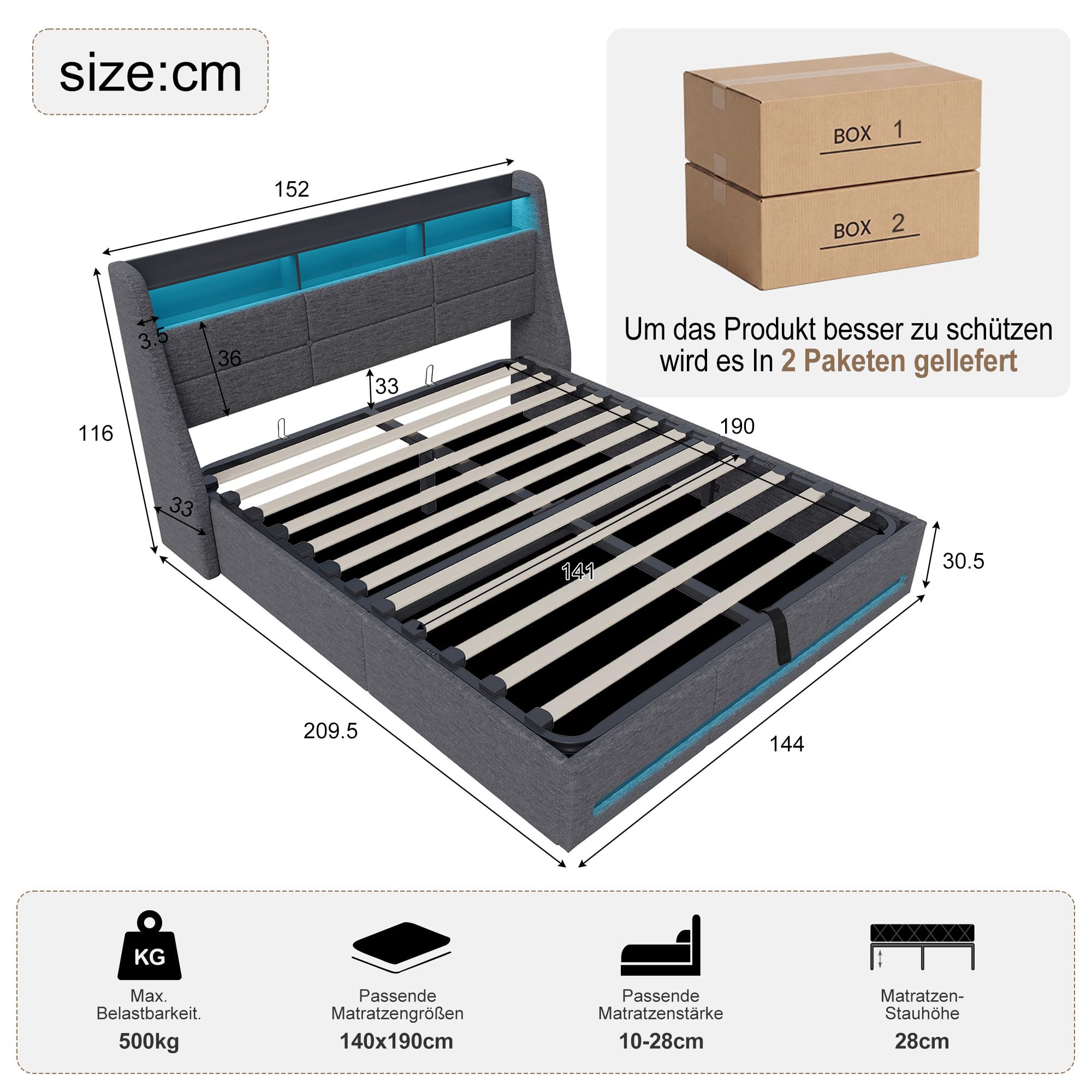 Cama tapizada para cama doble de 140 x 200 cm con LED, cama hidráulica con espacio de almacenamiento, cabecero con LED y USB tipo C, estructura de cama juvenil con cajón y somier, lino, gris, sin