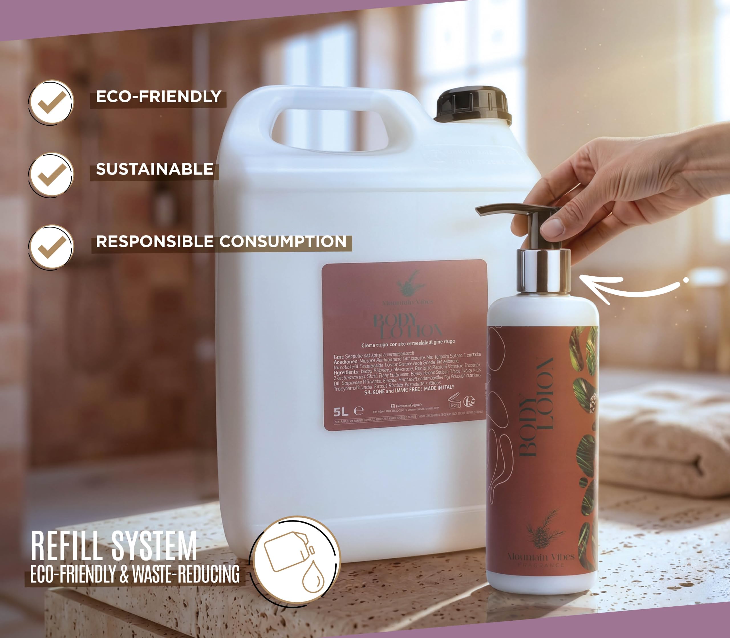Present-More Mountain Vibes Körpercreme 5 l - Körpercreme 1 Stück für Hotels, B & B und Hotels | Körpercreme mit Duft Pino Mugo (1 Kanister)