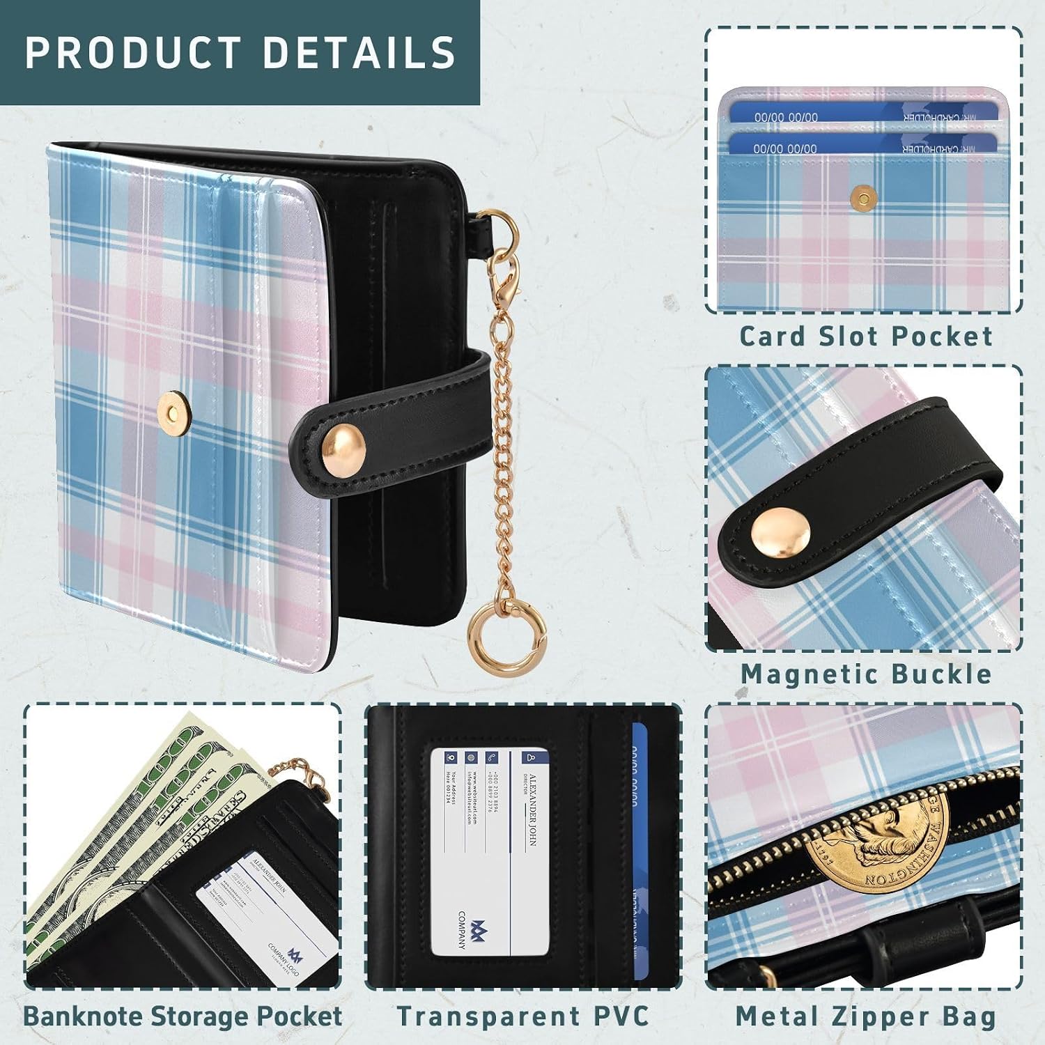 GuoChe Pastel Plaid Design Ladies Slim Foldable Wallet Convenient Premium PU Leather Wallet for Woman Girl image 5