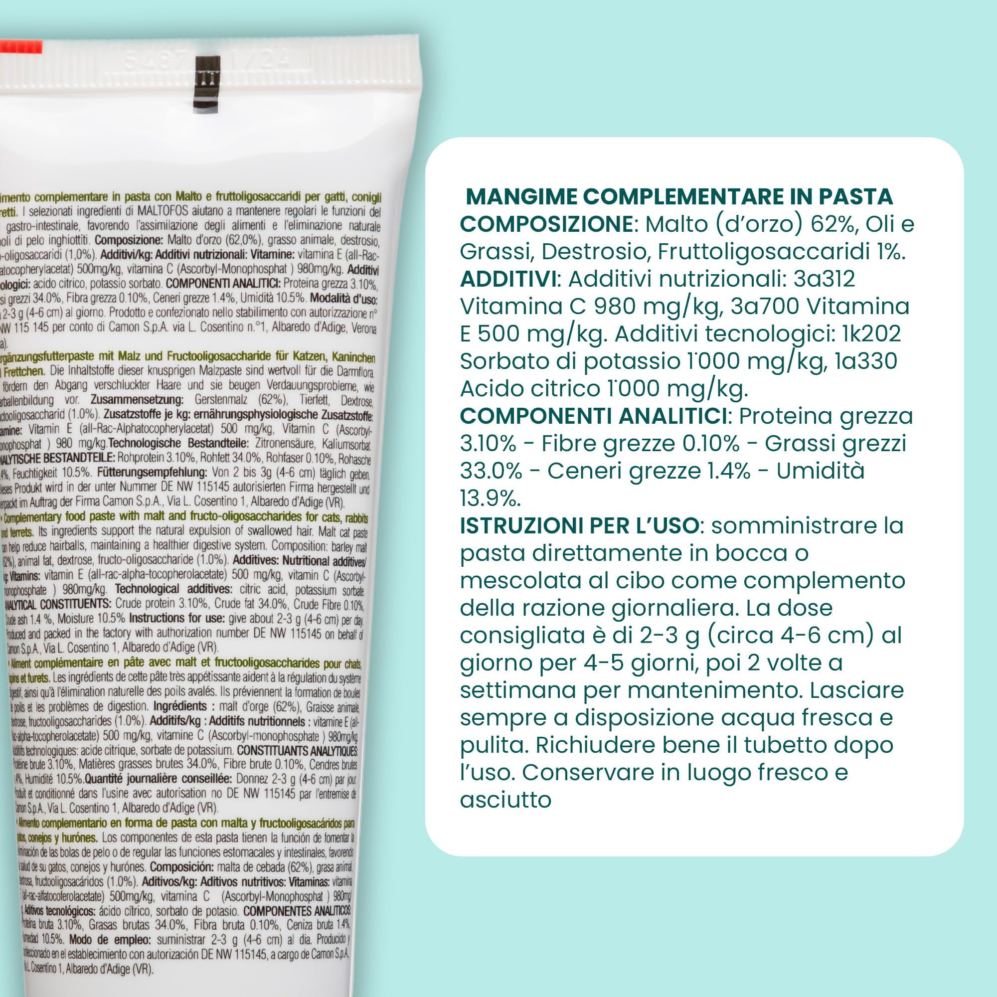 CAMON | Malto Fos, Alimento Complementare in Pasta, 50g, Supporto per Transito Intestinale e Boli di Pelo, per Gatti, Cani, Conigli e Furetti