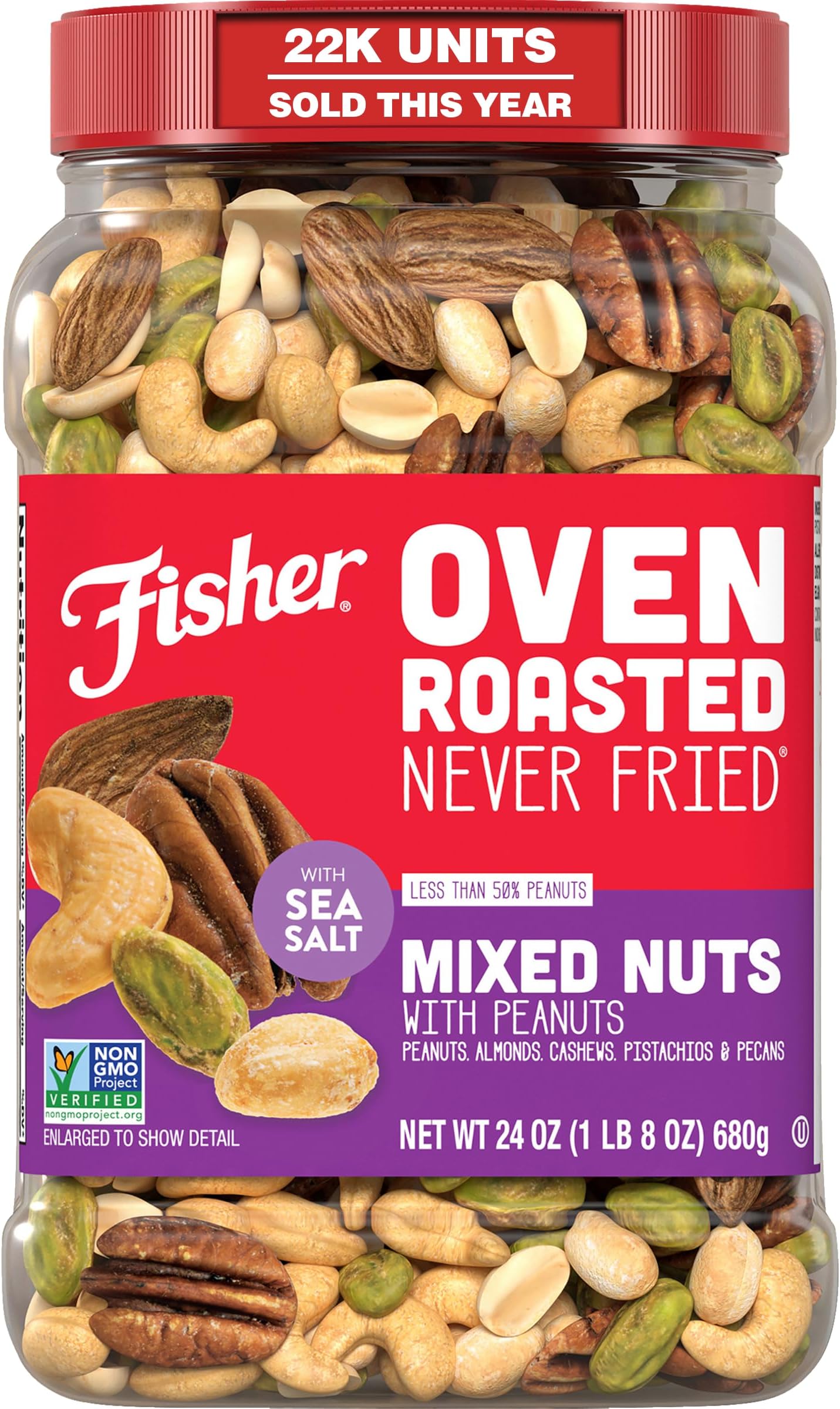 Fisher Oven Roasted Never Fried Mixed Nuts with Peanuts, 24 Ounces (Pack of 1), Peanuts, Almonds, Cashews, Pistachios, Pecans, Trail Mix, Healthy Snacks for Adults, Made With Sea Salt, No Added Oils